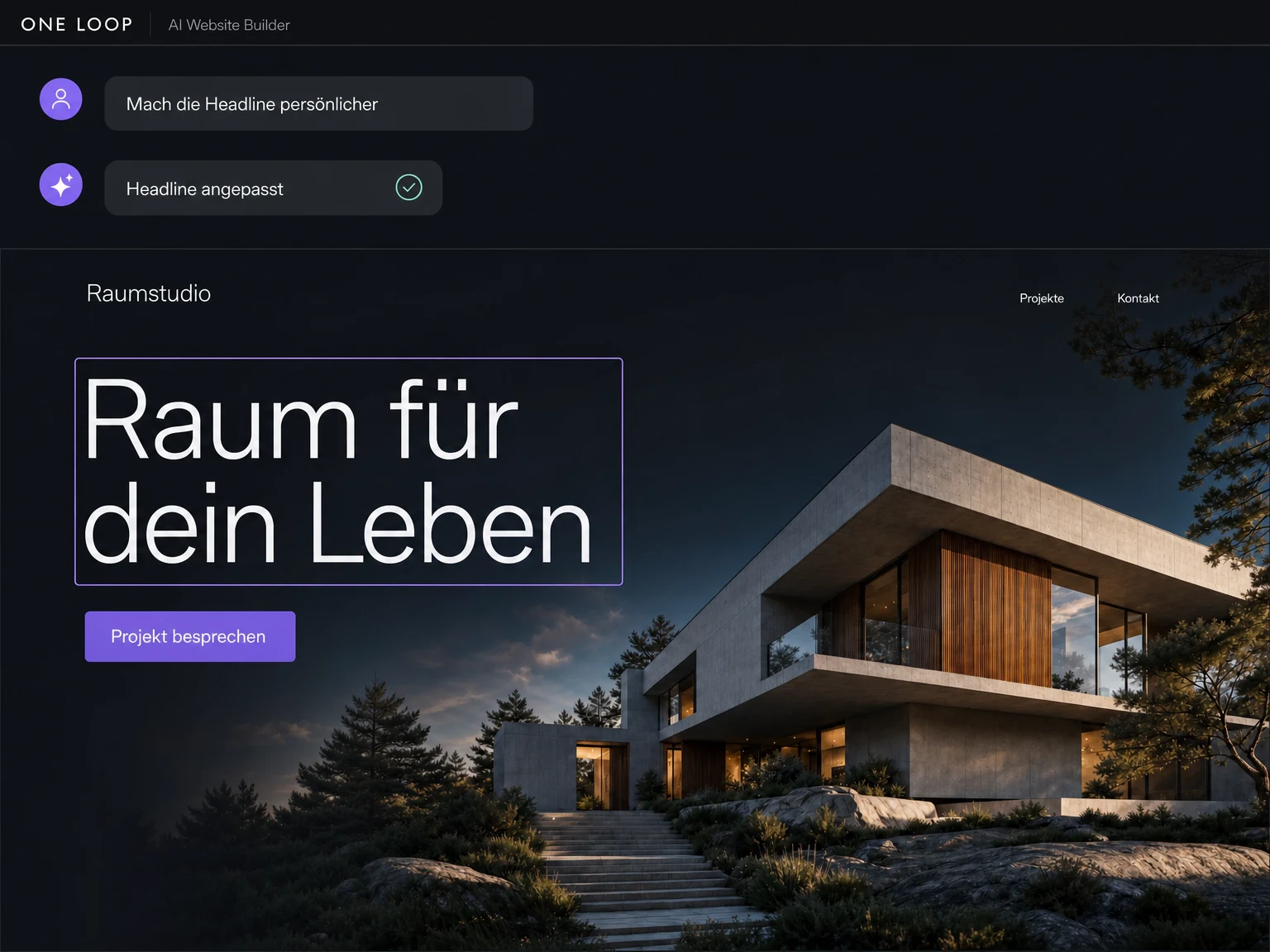 Beispielansicht: Ein Änderungswunsch im KI-Chat macht aus der Website-Headline des fiktiven Raumstudios den persönlicheren Text Raum für dein Leben.