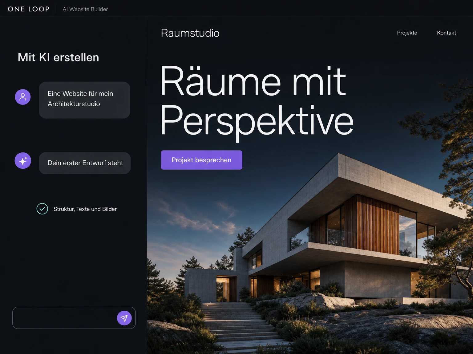 Beispiel eines ONE LOOP Builders: Eine Anfrage im KI-Chat wird zum bildstarken Website-Entwurf für das fiktive Architekturstudio Raumstudio.