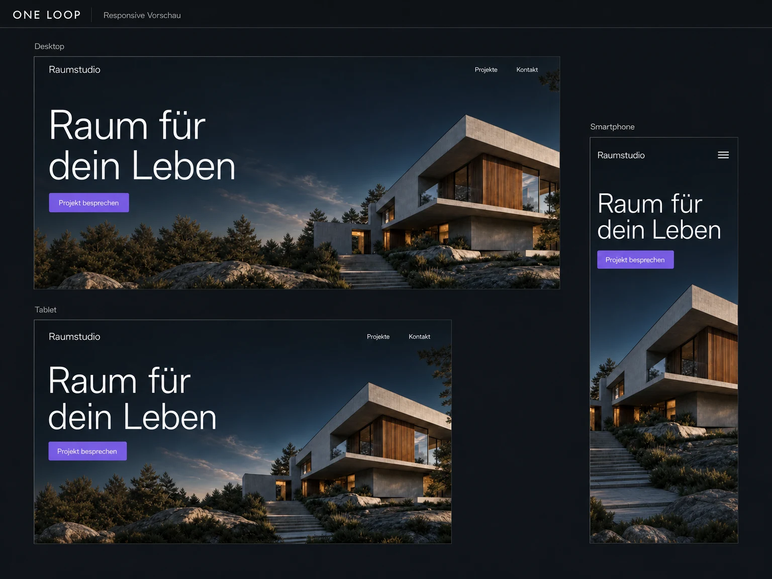 Beispielansicht: Dieselbe Raumstudio-Website mit angepasster Darstellung auf Desktop, Tablet und Smartphone.