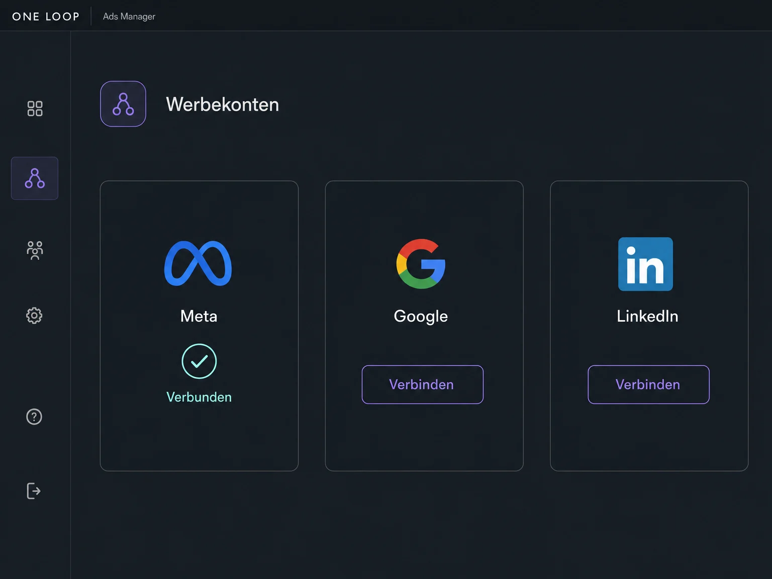 Eine vereinfachte Kontoverwaltung zeigt Meta als verbunden und Optionen zum Anbinden von Google und LinkedIn.