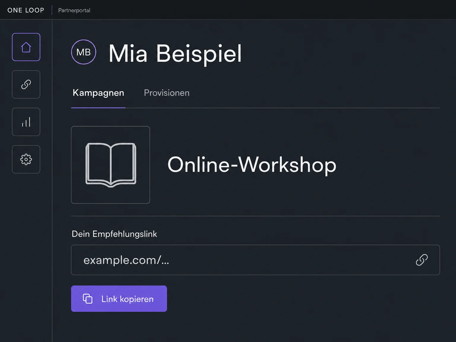 Im Partnerportal sieht Mia Beispiel den Online-Workshop und ihren persönlichen Empfehlungslink mit der Aktion Link kopieren.