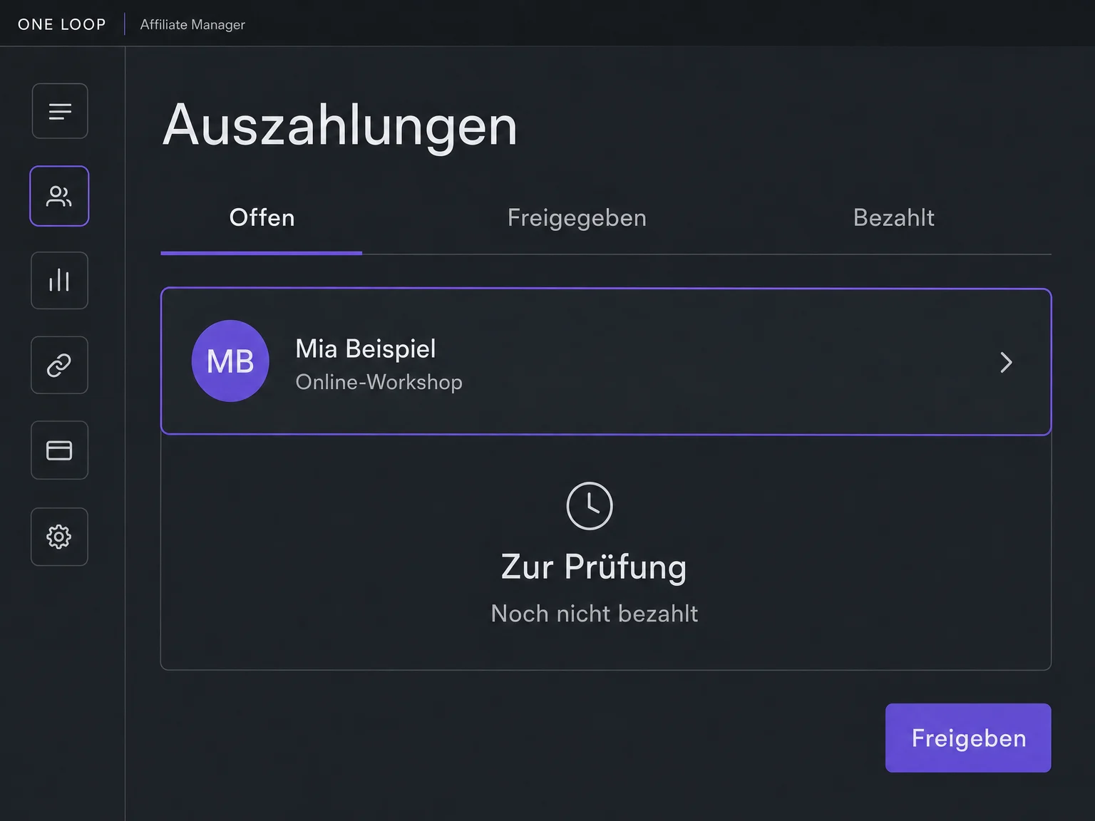 Eine offene Beispielprovision für Mia Beispiel steht zur Prüfung und ist noch nicht bezahlt; die Aktion Freigeben ist vom Zahlungsstatus getrennt.