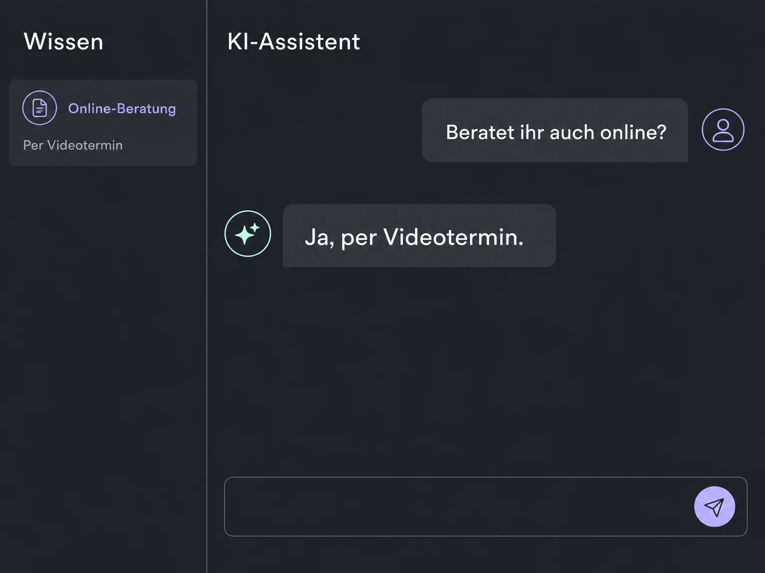 Der KI-Assistent beantwortet eine Frage zur Online-Beratung anhand der hinterlegten Information zum Videotermin.