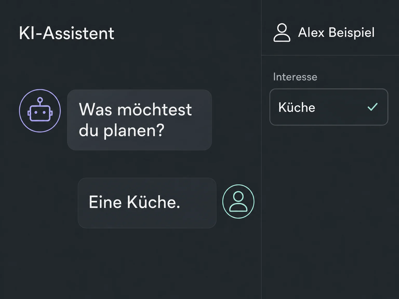 Der Chatbot fragt nach dem Vorhaben; Alex nennt eine Küche, die im Kontaktfeld Interesse erfasst ist.