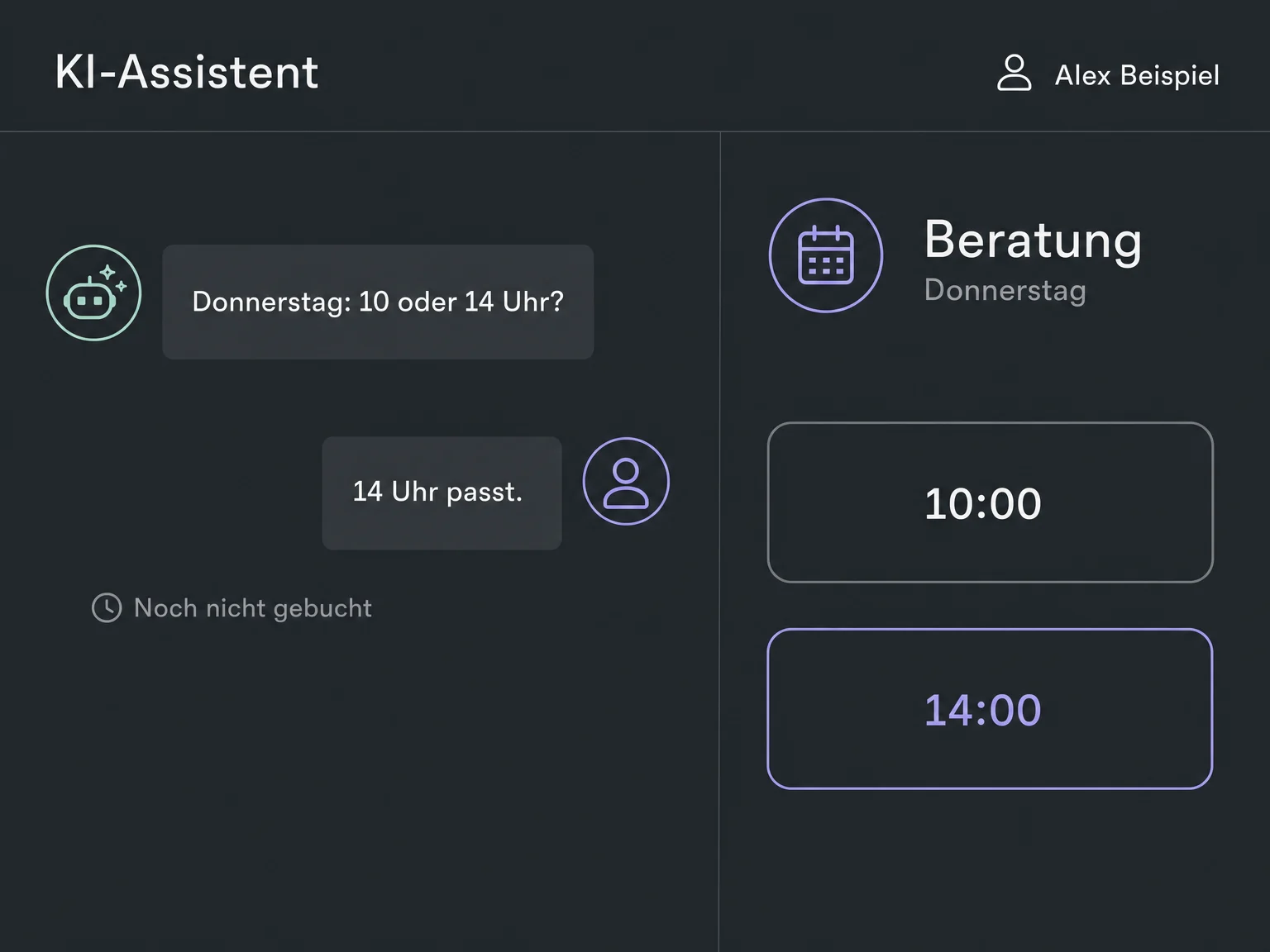 Im KI-Chat ist Donnerstag um 14 Uhr ausgewählt; die Ansicht zeigt freie Zeiten und den Status Noch nicht gebucht.