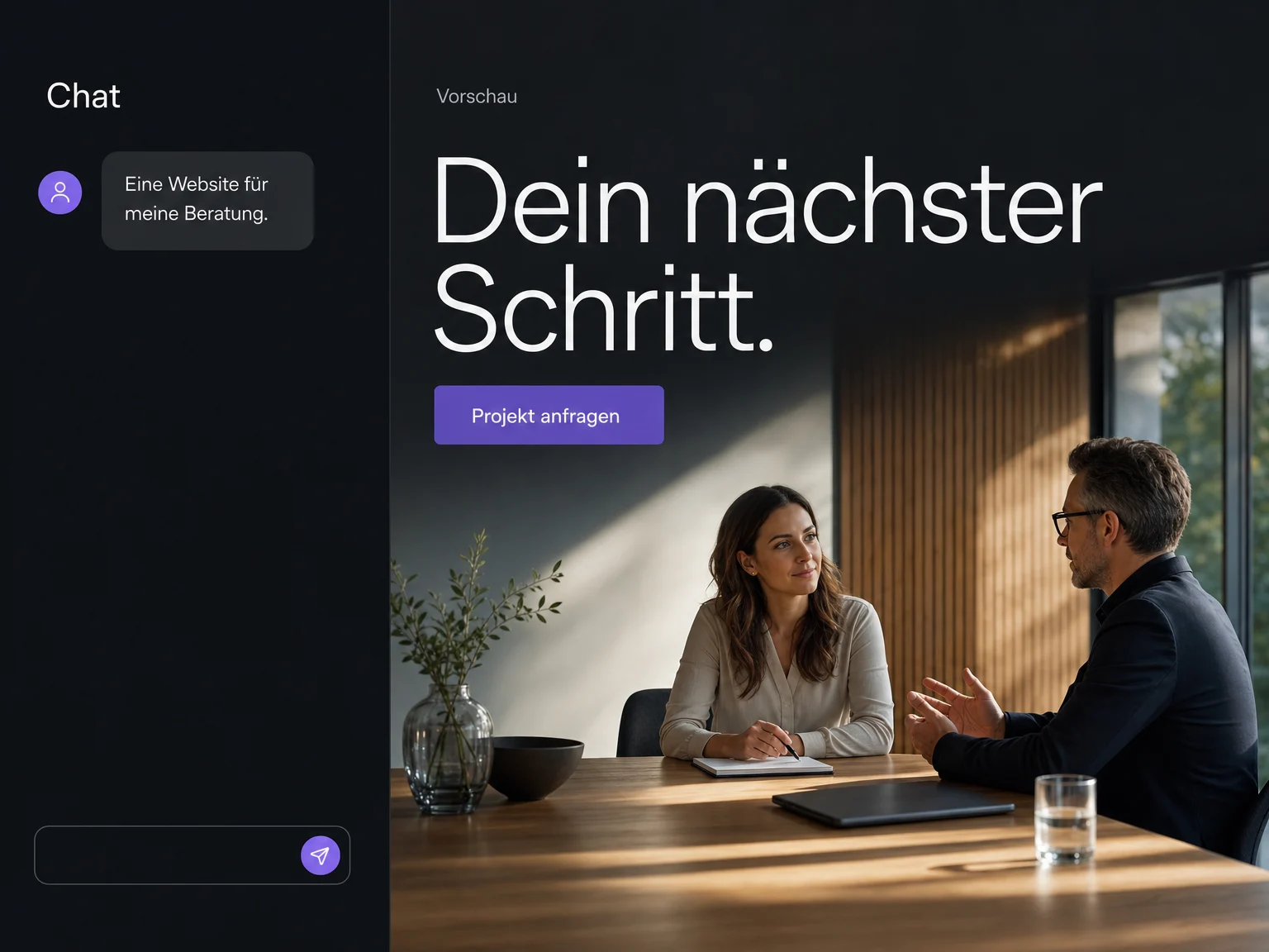 Ein kurzer Chat-Auftrag führt zu einer Beratungsseite mit Bild, Überschrift und Anfragebutton in der Vorschau.