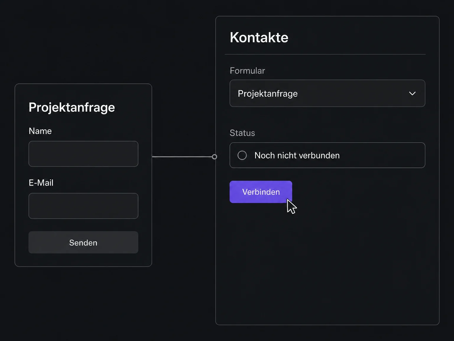 Das Beispiel-Anfrageformular steht neben der noch nicht aktivierten Kontaktverbindung und dem Verbinden-Button.
