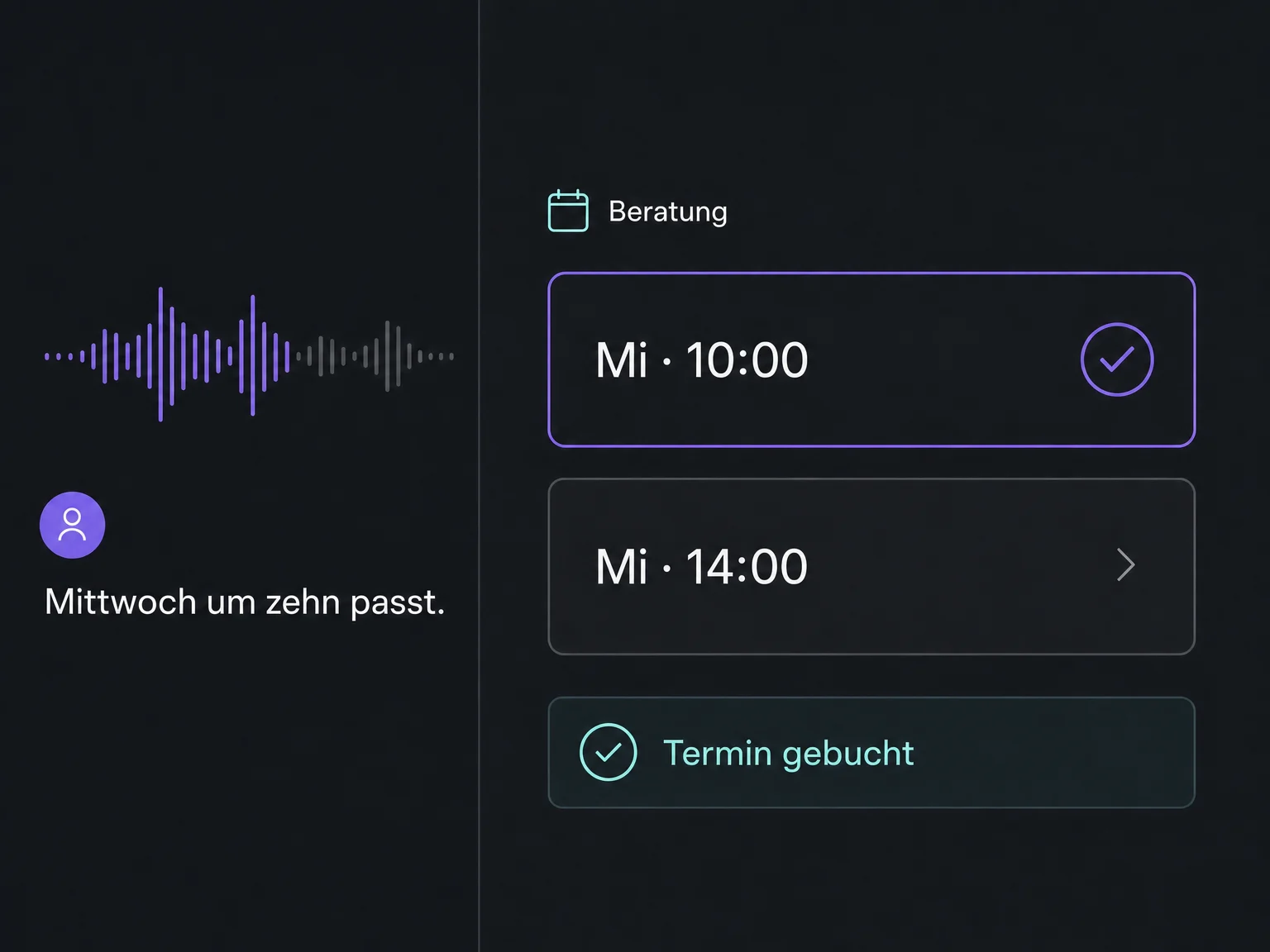 A caller chooses Wednesday at ten and the calendar shows a booked consultation.