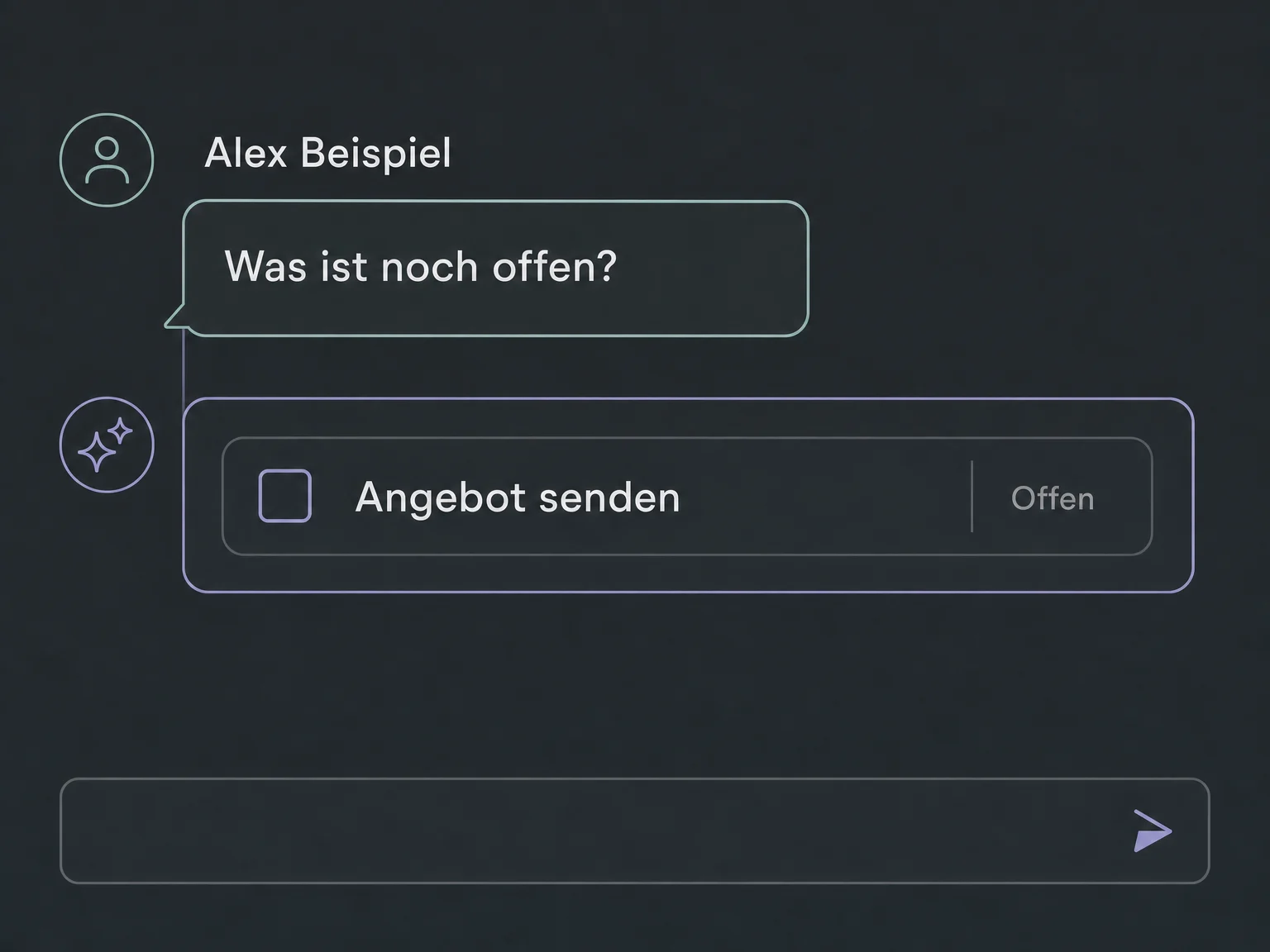 Eine Rückfrage im selben Chat zeigt die noch offene Aufgabe Angebot senden für Alex Beispiel.