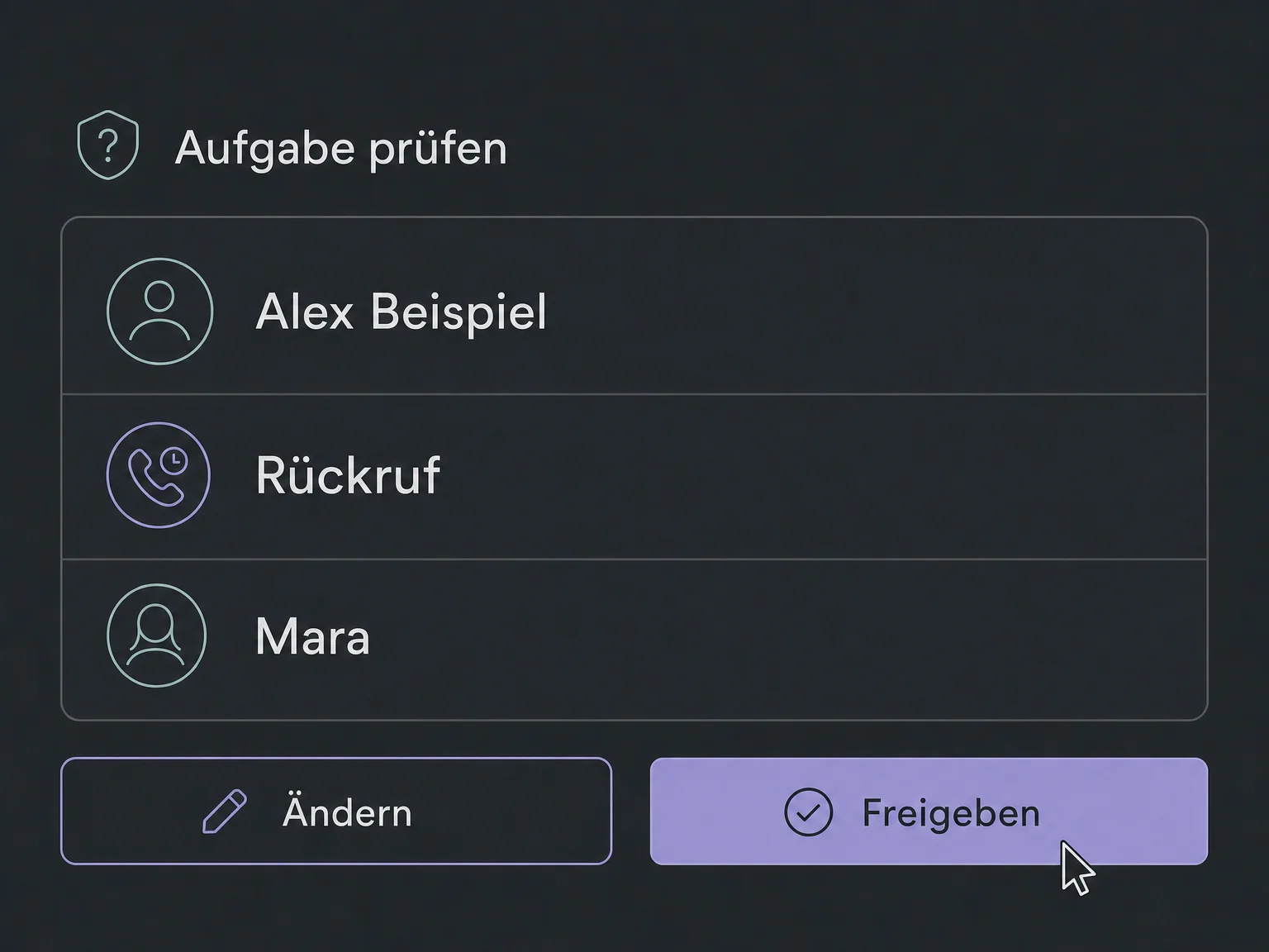 Eine Rückrufaufgabe mit Kontakt und zuständiger Person wartet auf eine bewusste Freigabe.