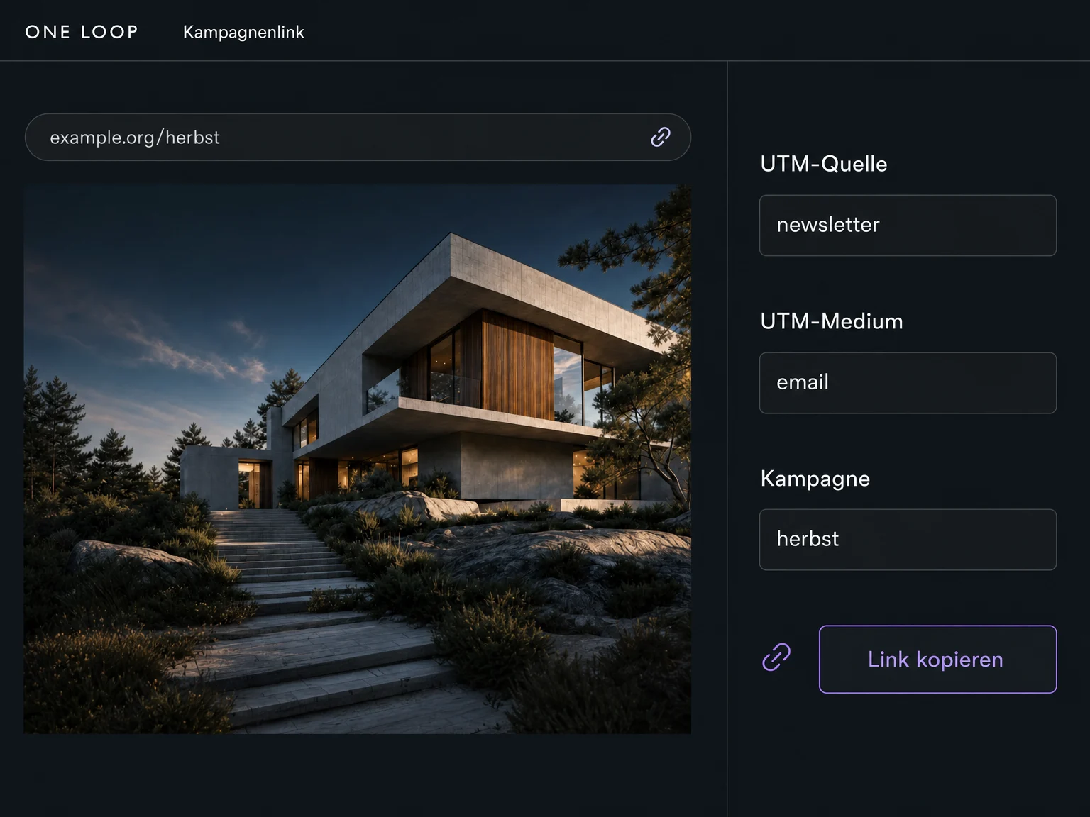 Ein beispielhafter Kampagnenlink zu einer Architektur-Website mit UTM-Quelle newsletter, UTM-Medium email und Kampagne herbst.