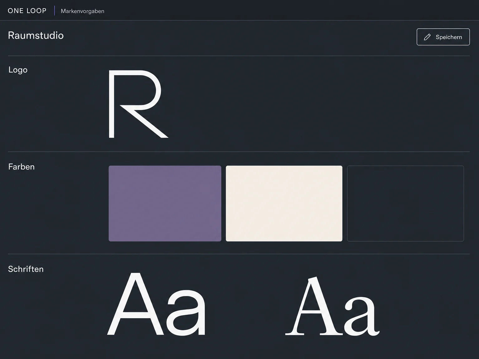 Ein beispielhaftes Brand Board für Raumstudio bündelt ein Logo, drei Markenfarben und zwei Schriftauswahlen.
