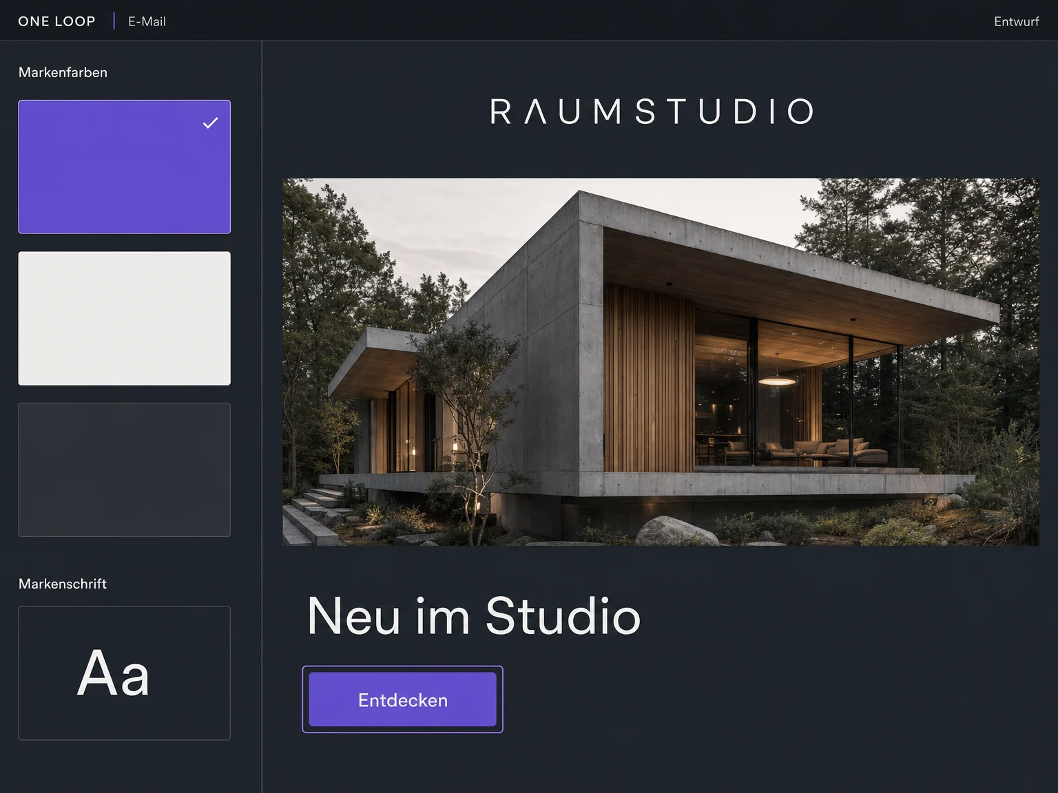 Im beispielhaften E-Mail-Entwurf ist eine violette Markenfarbe ausgewählt und auf den Entdecken-Button angewendet; die E-Mail wurde nicht versendet.