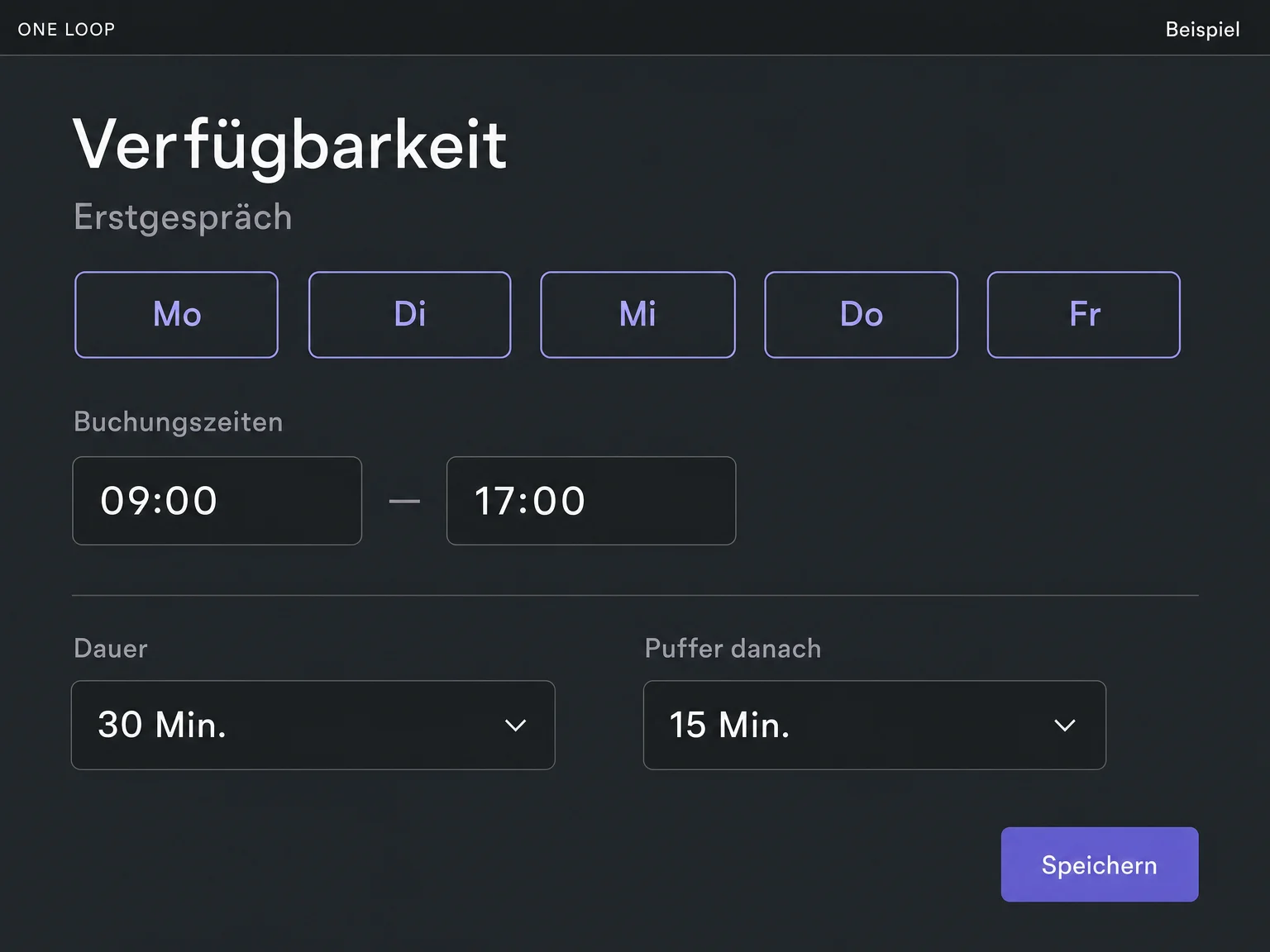 Beispielhafte Verfügbarkeit für ein Erstgespräch: Montag bis Freitag von 09:00 bis 17:00, 30 Minuten Gesprächsdauer und 15 Minuten Puffer danach.