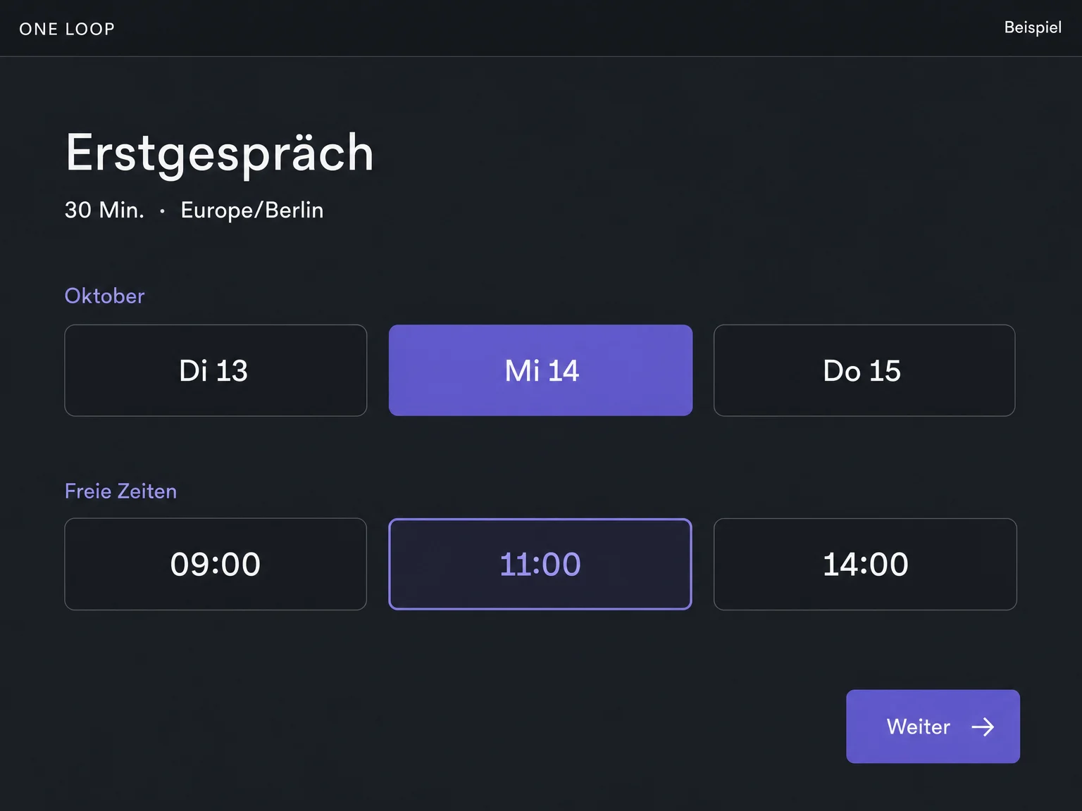 Beispielhafte Terminauswahl für ein 30-minütiges Erstgespräch: ein ausgewählter Tag, drei freie Uhrzeiten und die Schaltfläche Weiter. Die Buchung ist noch nicht abgeschlossen.