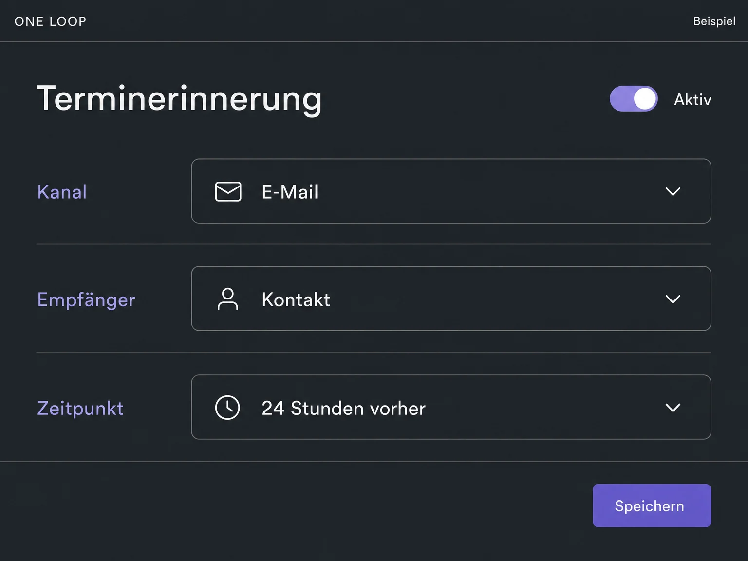 Beispiel einer eingerichteten Terminerinnerung per E-Mail an den Kontakt, 24 Stunden vor dem Termin. Die Einstellung zeigt keine bereits zugestellte Nachricht.