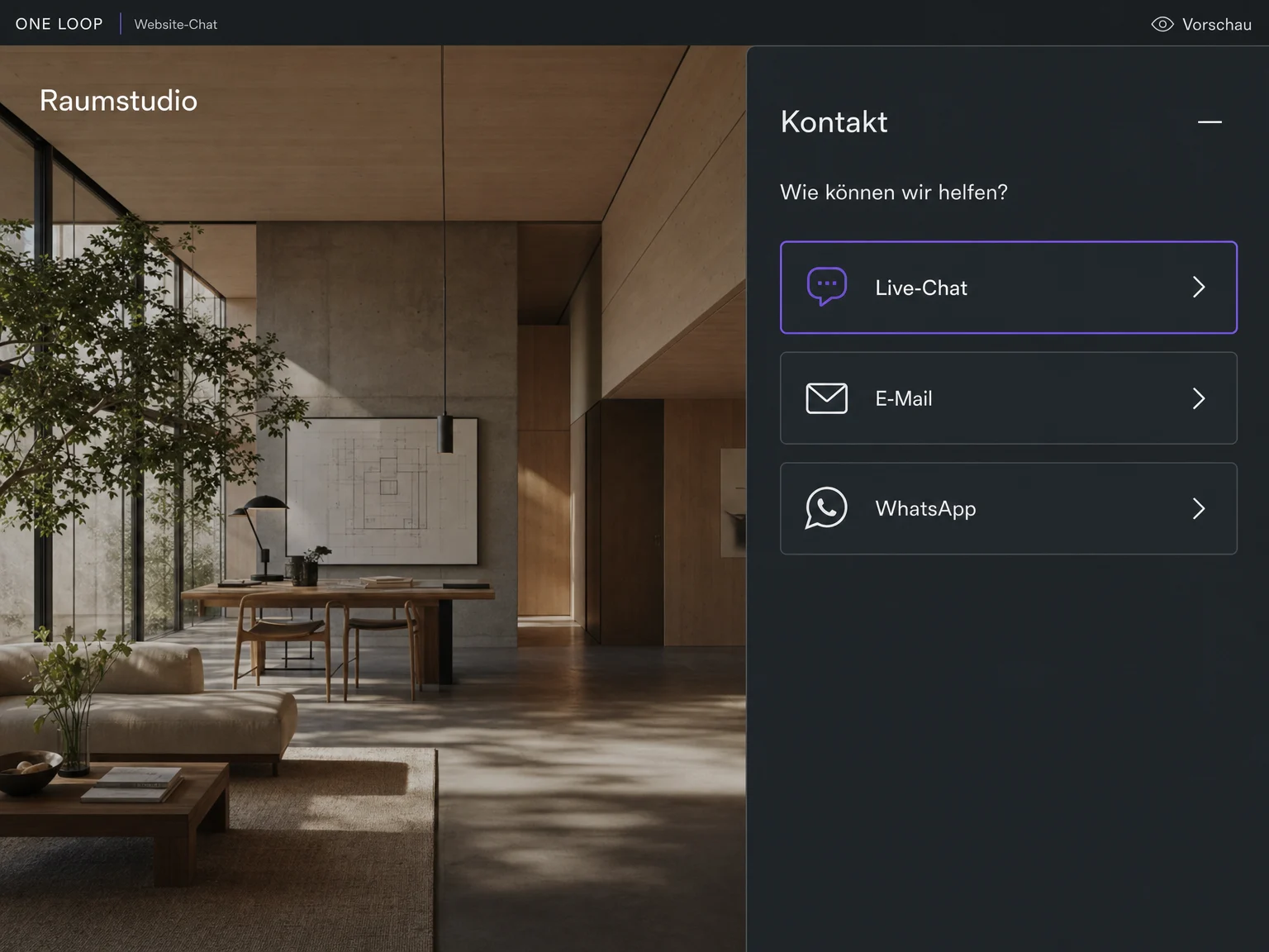 Ein geöffnetes Kontaktfenster auf der fiktiven Raumstudio-Website bietet Live-Chat, E-Mail und WhatsApp als eingerichtete Kontaktwege an.