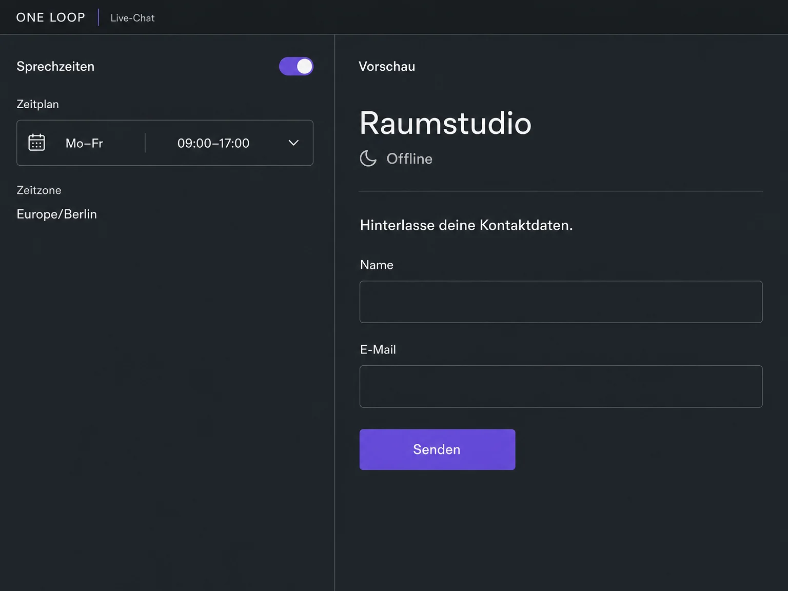Sprechzeiten in der Zeitzone Europe/Berlin sind aktiviert; die Offline-Vorschau zeigt ein leeres Kontaktformular für Name und E-Mail.