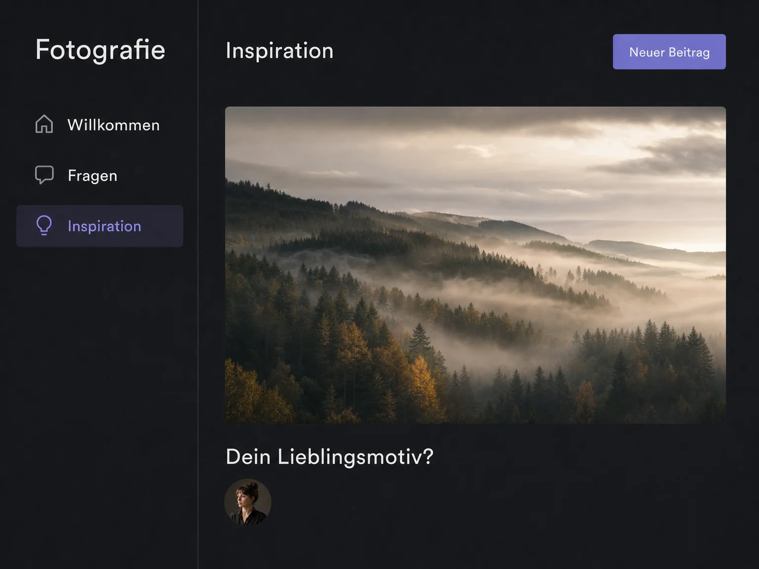 Beispiel einer Fotografie-Community mit drei Themenkanälen und einem Landschaftsfoto im ausgewählten Kanal Inspiration.
