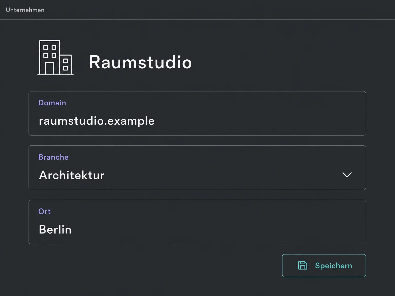 Fiktives Firmenprofil Raumstudio mit Domain raumstudio.example, Branche Architektur und Ort Berlin vor dem Speichern.