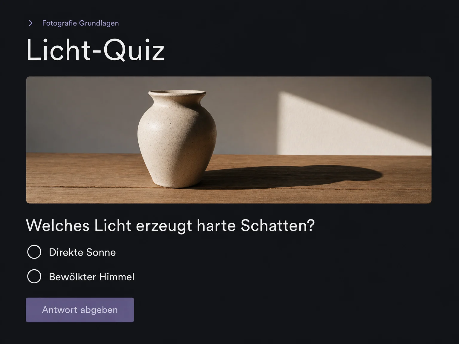 Beispiel-Kursquiz zu hartem Licht mit zwei noch nicht ausgewählten Antworten und der Aktion Antwort abgeben.