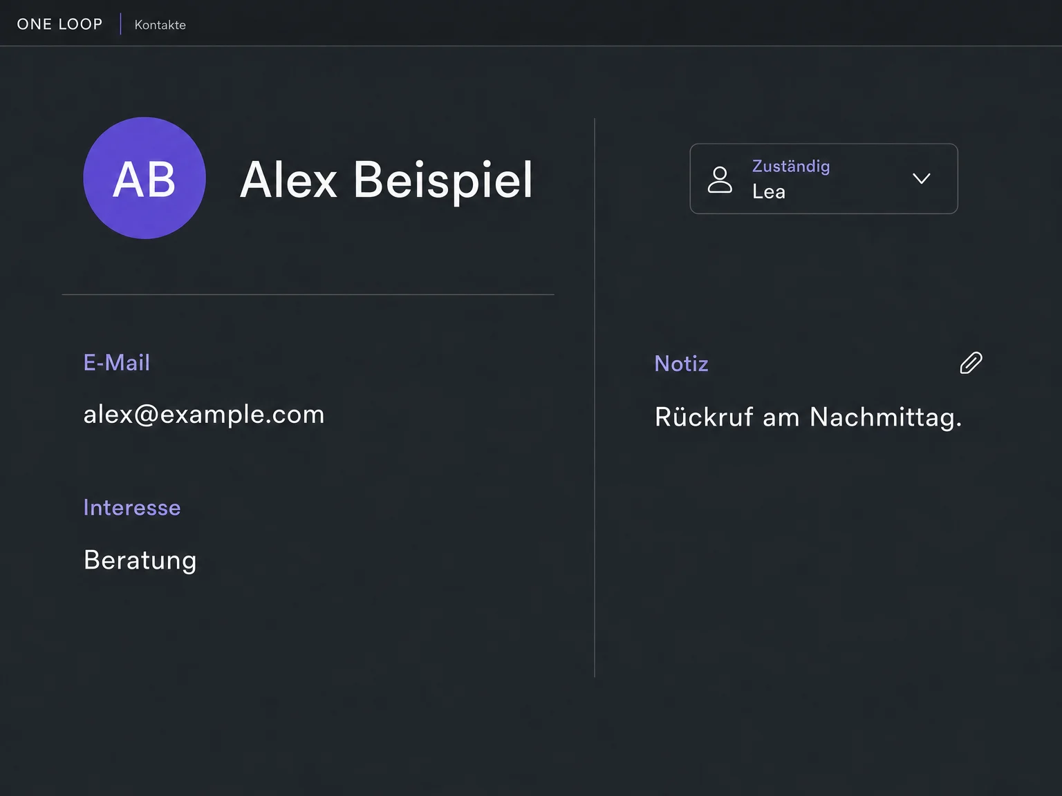 Der fiktive Kontakt Alex Beispiel zeigt Interesse an Beratung, Lea als zuständige Person und eine Notiz zum Rückruf am Nachmittag.