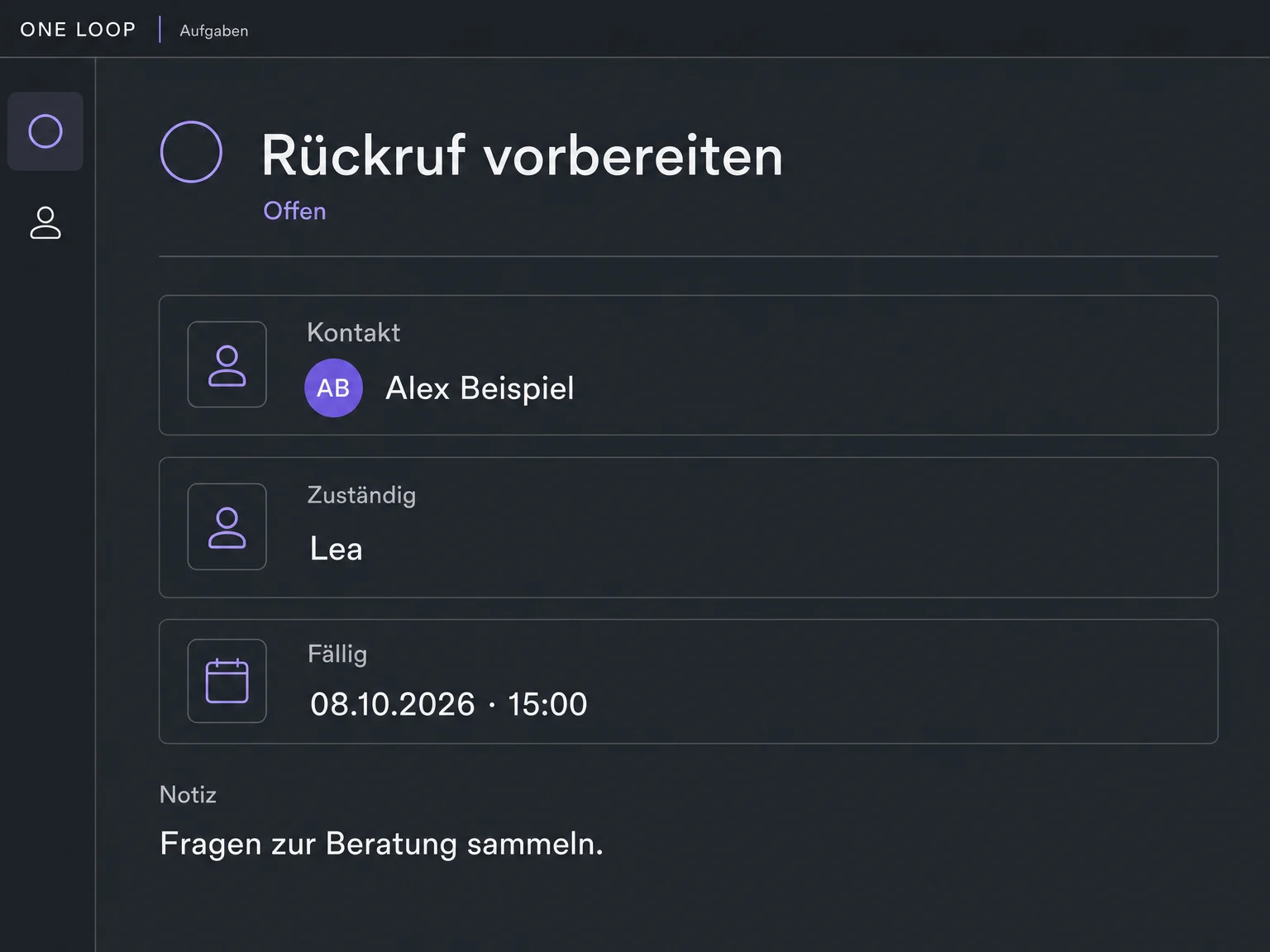 Eine offene Aufgabe zur Rückrufvorbereitung ist dem Beispielkontakt Alex und Lea zugeordnet, mit Fälligkeit und kurzer Notiz.