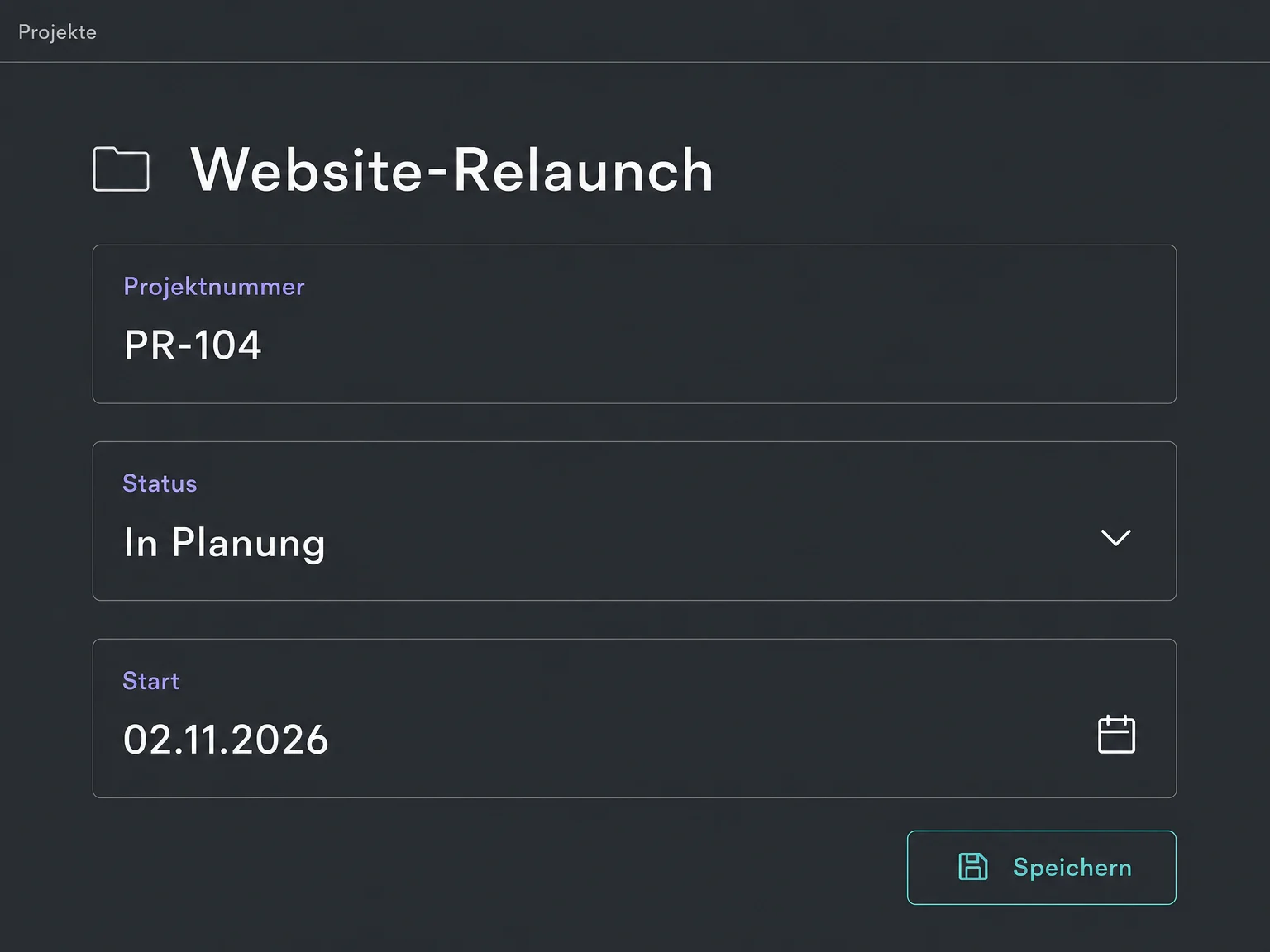 Bearbeitung des fiktiven Projekts Website-Relaunch: Projektnummer PR-104, Status In Planung und Startdatum vor dem Speichern.