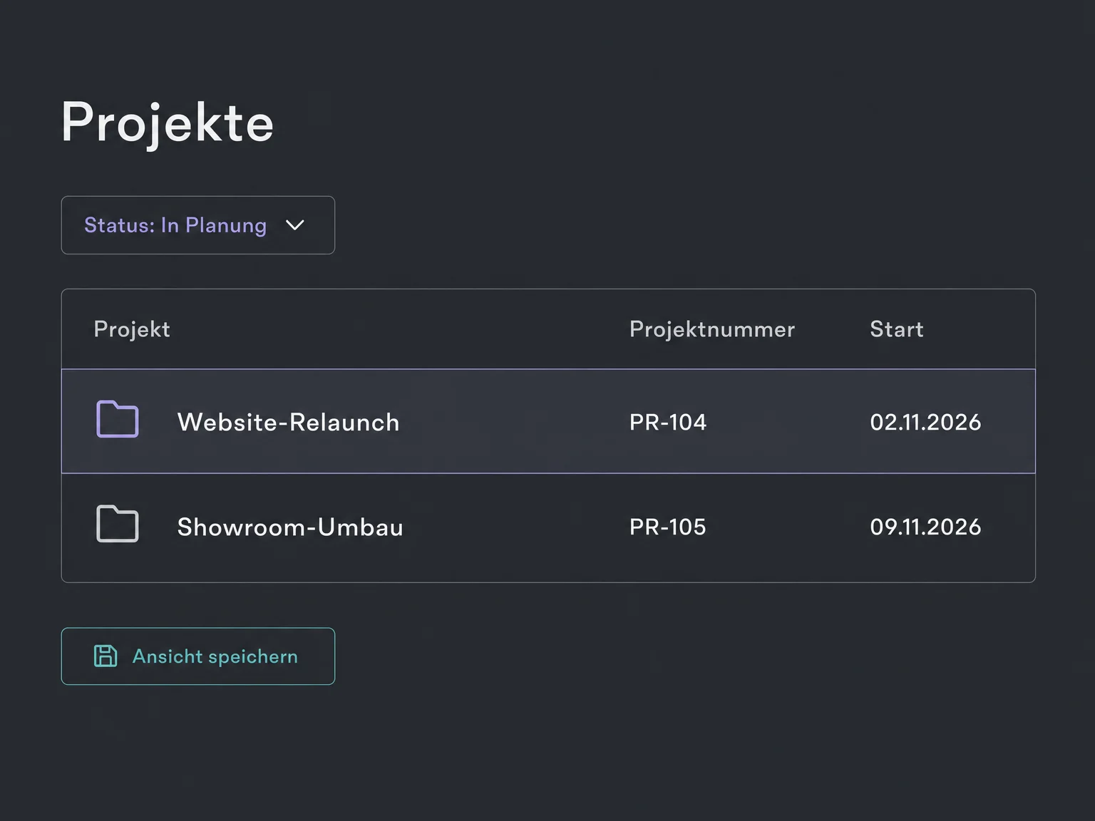 Projektansicht mit Filter In Planung: Website-Relaunch und Showroom-Umbau mit eigenen Projektnummern und Startdaten. Fiktive Beispieldaten.
