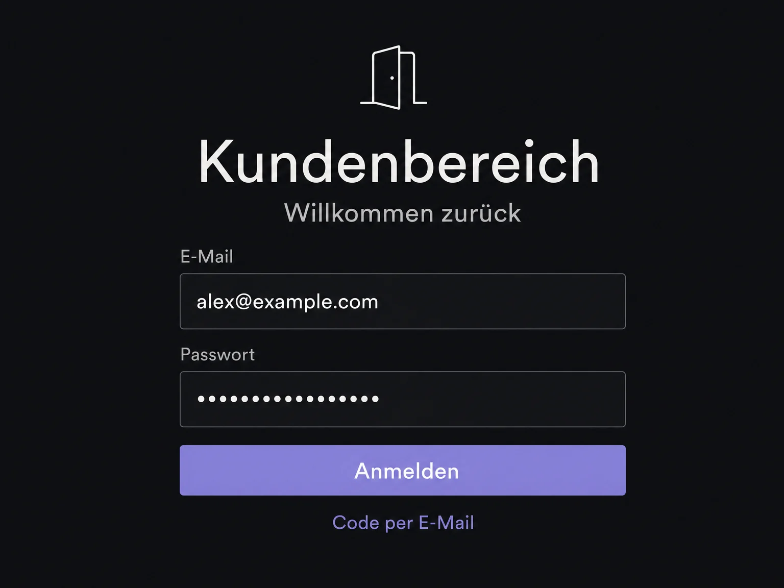 Beispiel einer Kundenportal-Anmeldung mit E-Mail, maskiertem Passwort und der Alternative Code per E-Mail; die Anmeldung ist noch nicht abgeschlossen.