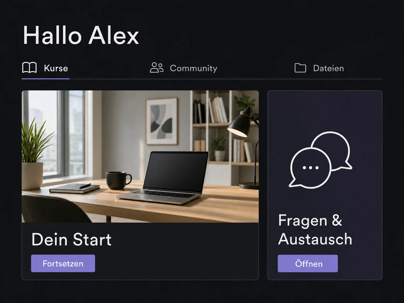 Beispiel eines Kundenportals für Alex mit dem freigegebenen Kurs Dein Start, einer Community und dem Zugang zu Dateien.