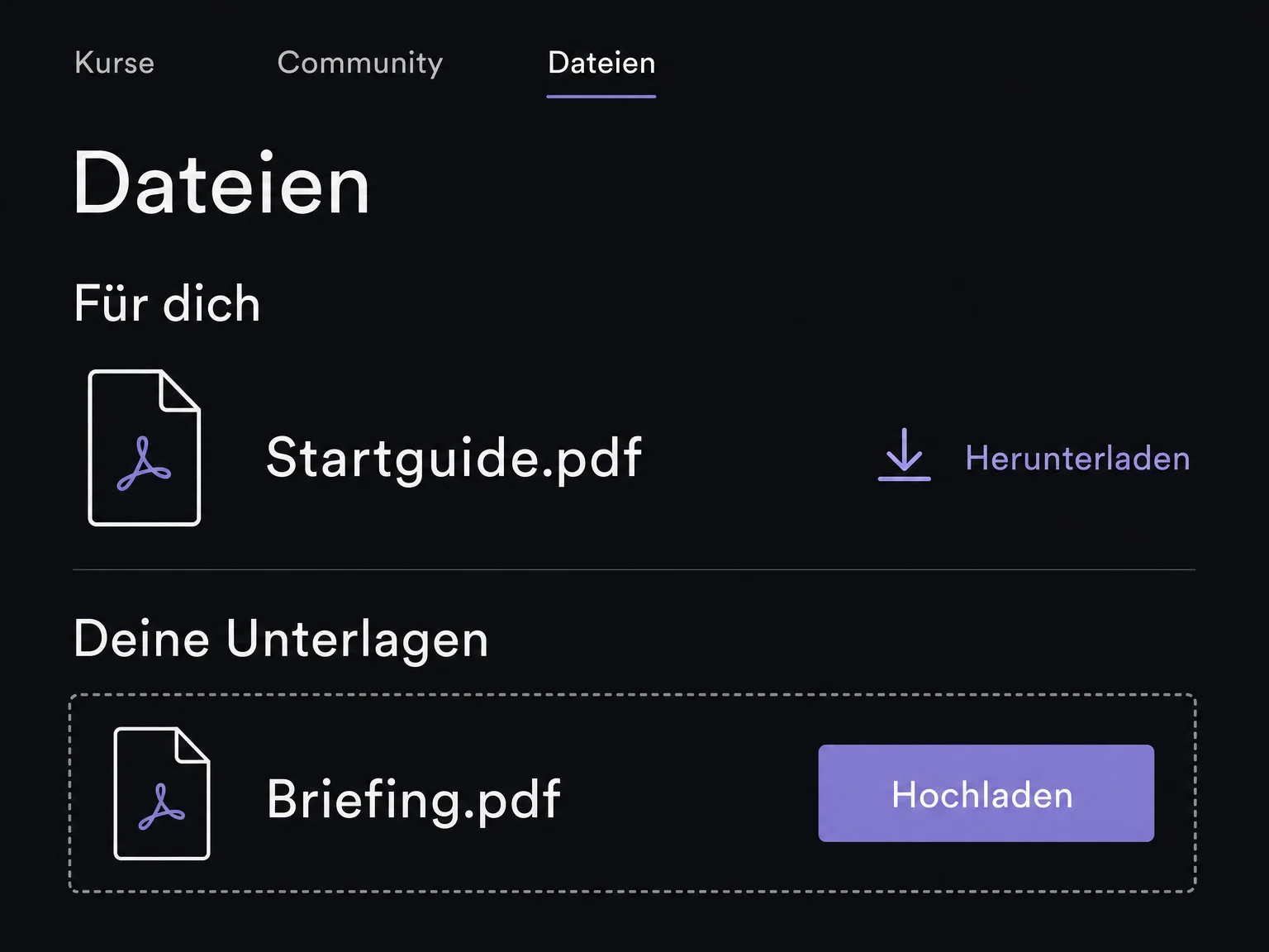 Beispiel des Dateiaustauschs: Startguide.pdf ist zum Download verfügbar; Briefing.pdf ist ausgewählt, aber noch nicht hochgeladen.