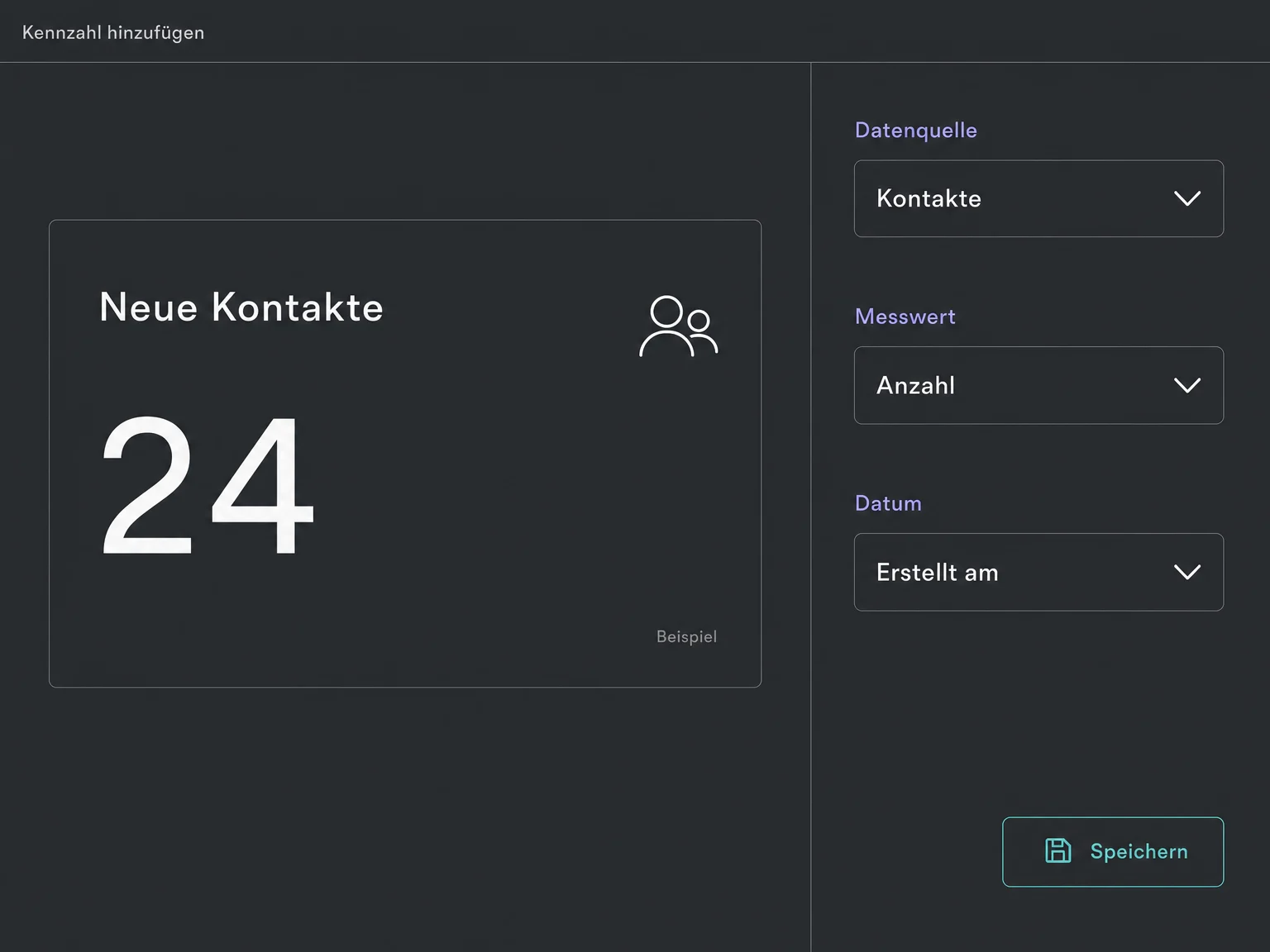 Beispiel eines Kennzahl-Editors: Neue Kontakte mit fiktivem Wert 24, Datenquelle Kontakte, Messwert Anzahl und Datumsfeld Erstellt am vor dem Speichern.