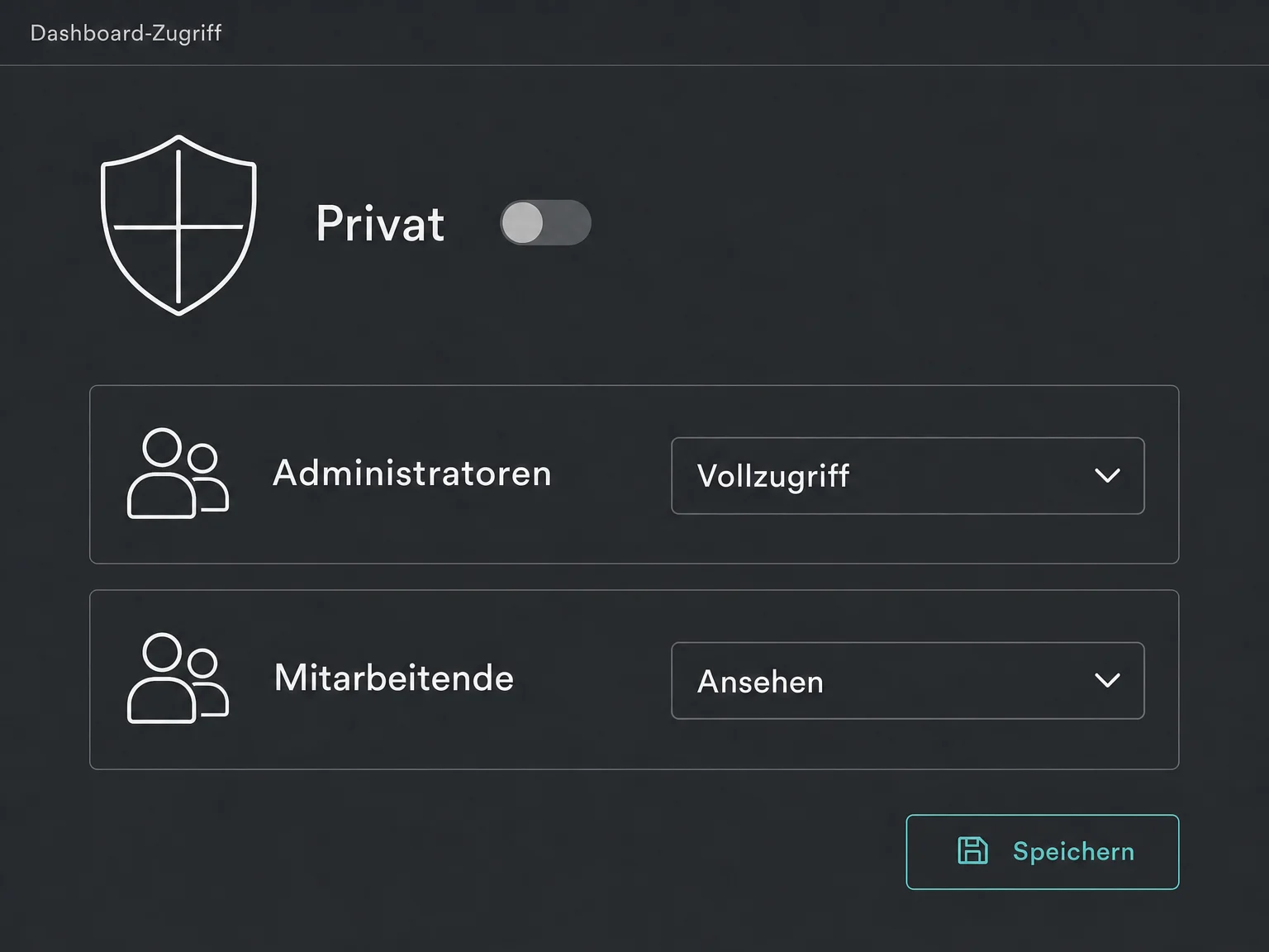 Vereinfachtes Beispiel der Dashboard-Rechte: Privat ausgeschaltet, Administratoren mit Vollzugriff und Mitarbeitende mit Leserechten vor dem Speichern.