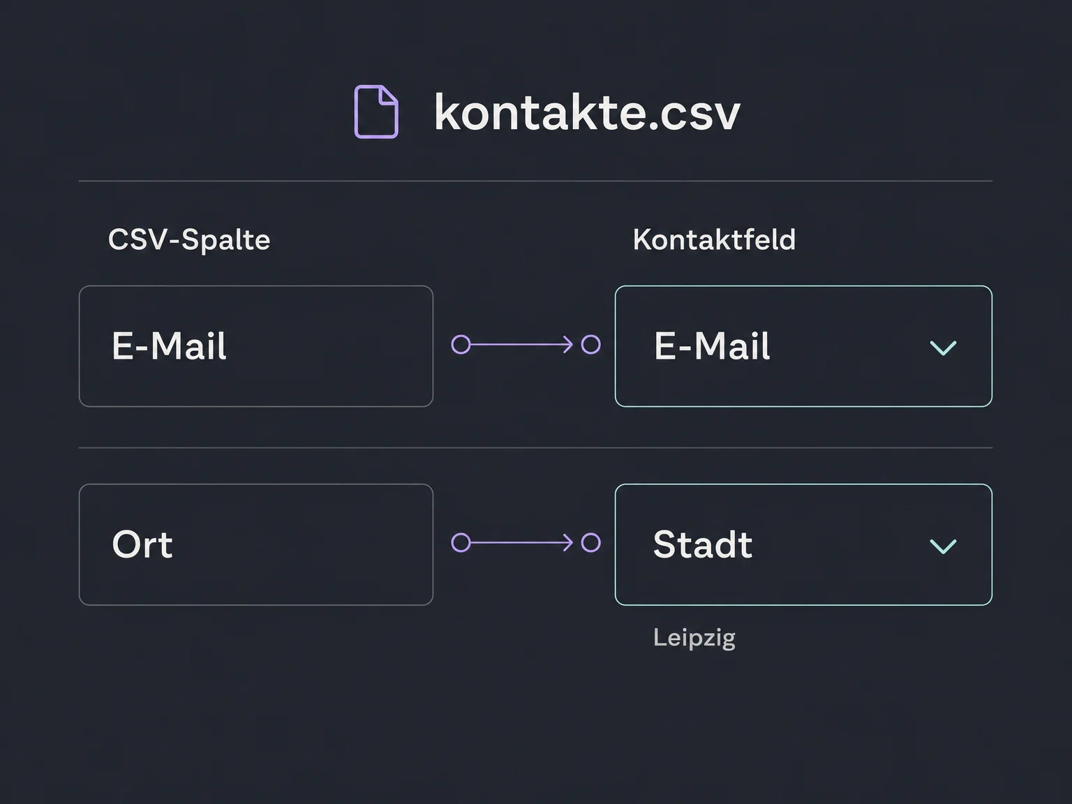 CSV-Spalten für E-Mail und Ort werden den passenden Kontaktfeldern zugeordnet.