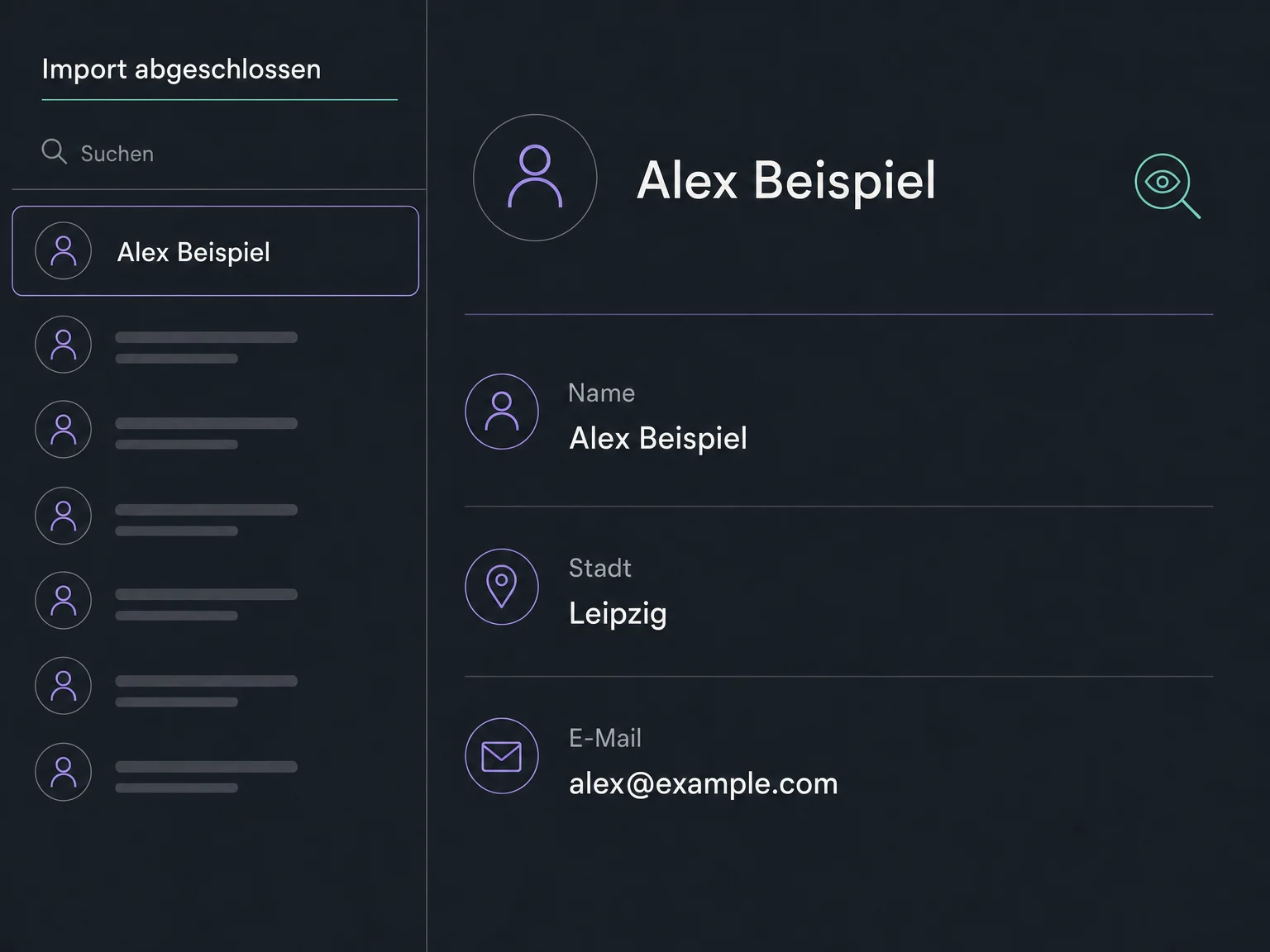Nach dem Import wird der Kontakt Alex Beispiel geöffnet und sein übernommener Stadtwert geprüft.