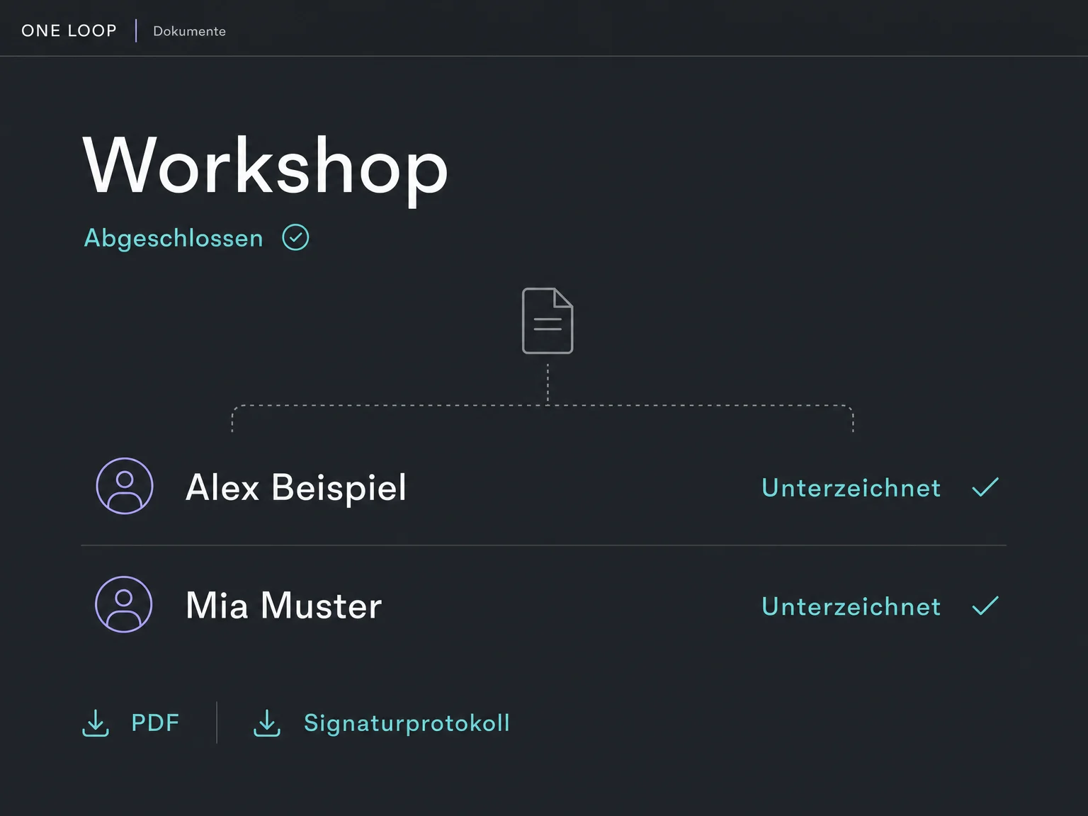 Beispiel eines vollständig unterzeichneten Workshop-Vertrags: Alex Beispiel und Mia Muster haben unterschrieben. PDF und Signaturprotokoll stehen zum Abruf bereit.