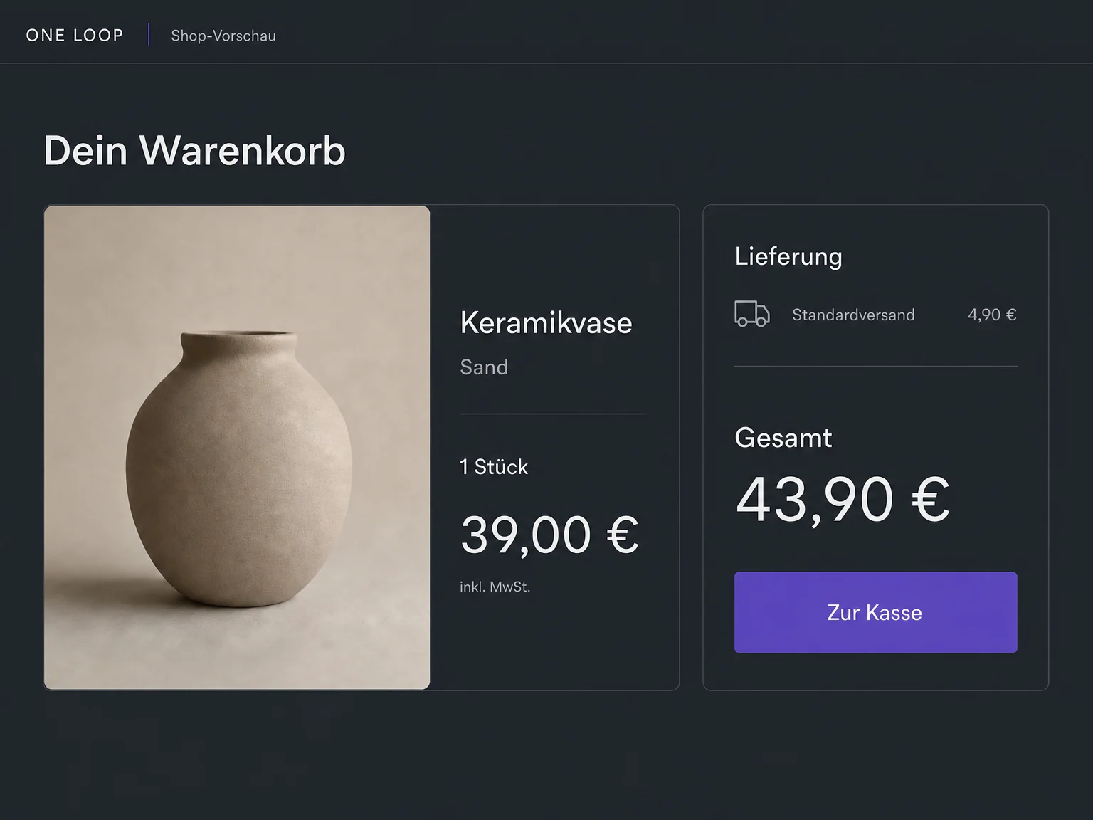 Ein Warenkorb zeigt eine Keramikvase mit Beispielpreisen für Artikel, Versand und Gesamtsumme; der Kauf ist noch nicht abgeschlossen.