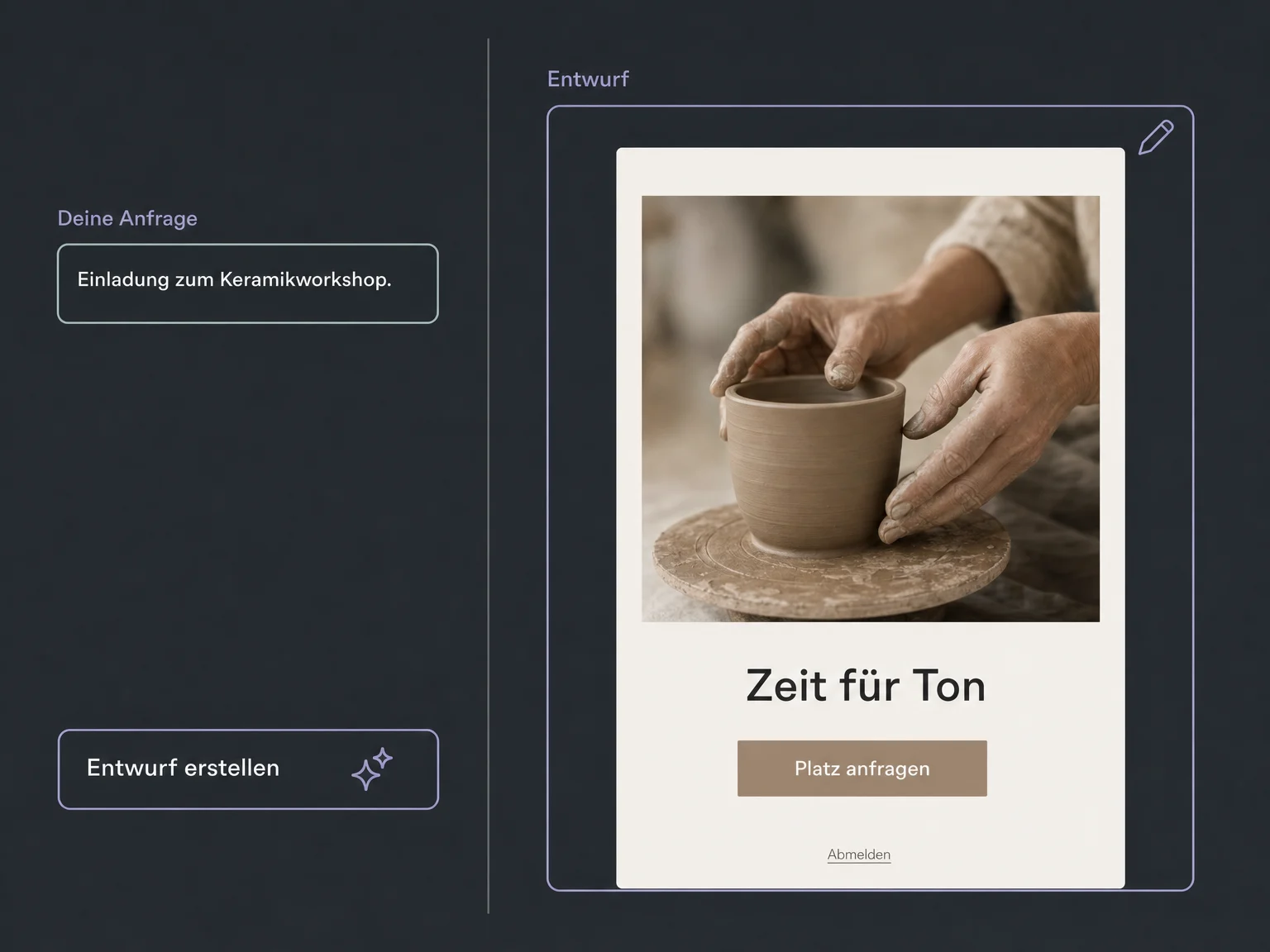 Ein kurzer Workshop-Auftrag erzeugt ein bearbeitbares Newsletter-Layout mit Bild und Button.