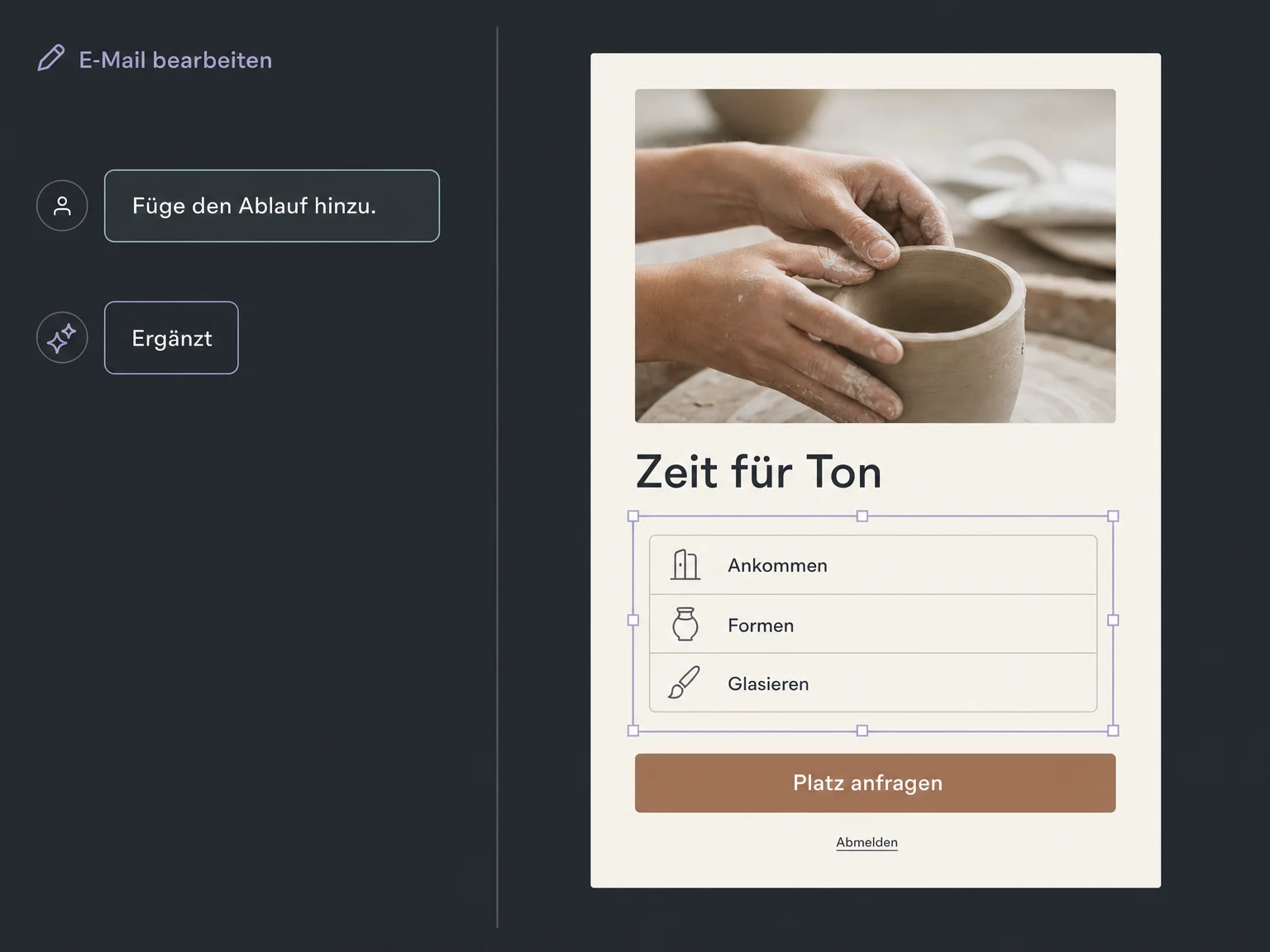 Eine Chat-Anweisung ergänzt den Ablauf des Workshops im markierten Bereich des E-Mail-Entwurfs.