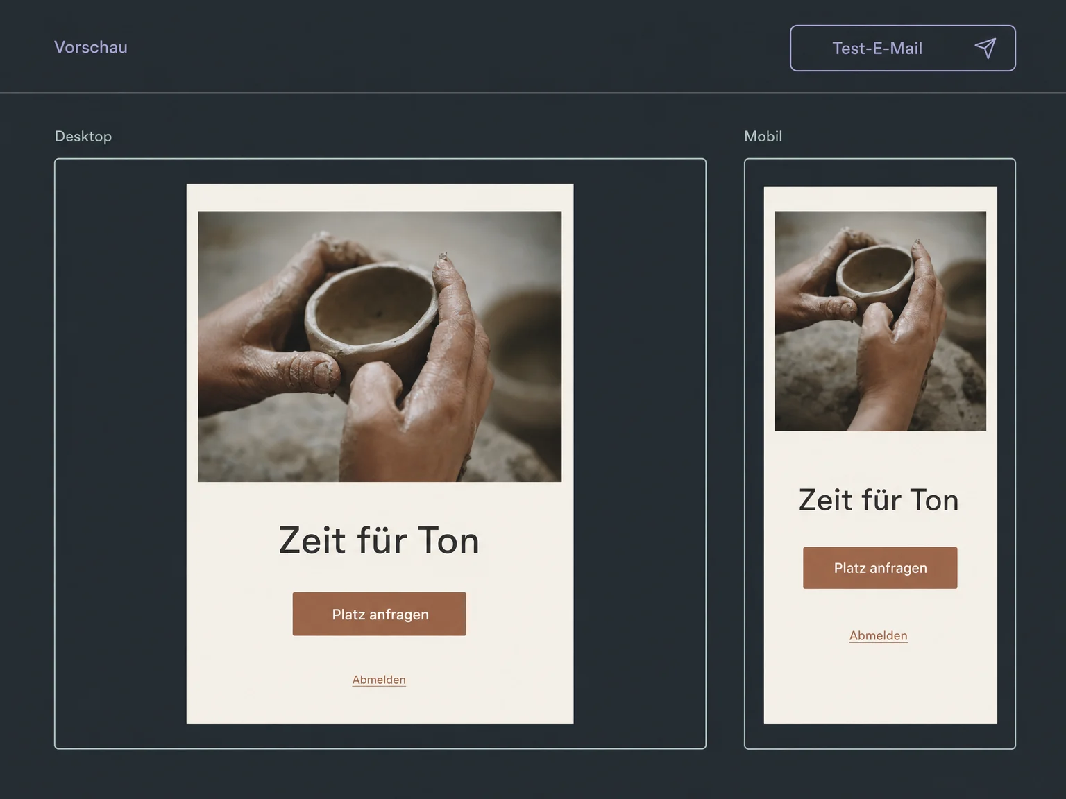 Eine E-Mail wird in der Geräte-Vorschau geprüft; der Testversand bleibt ein eigener Schritt.