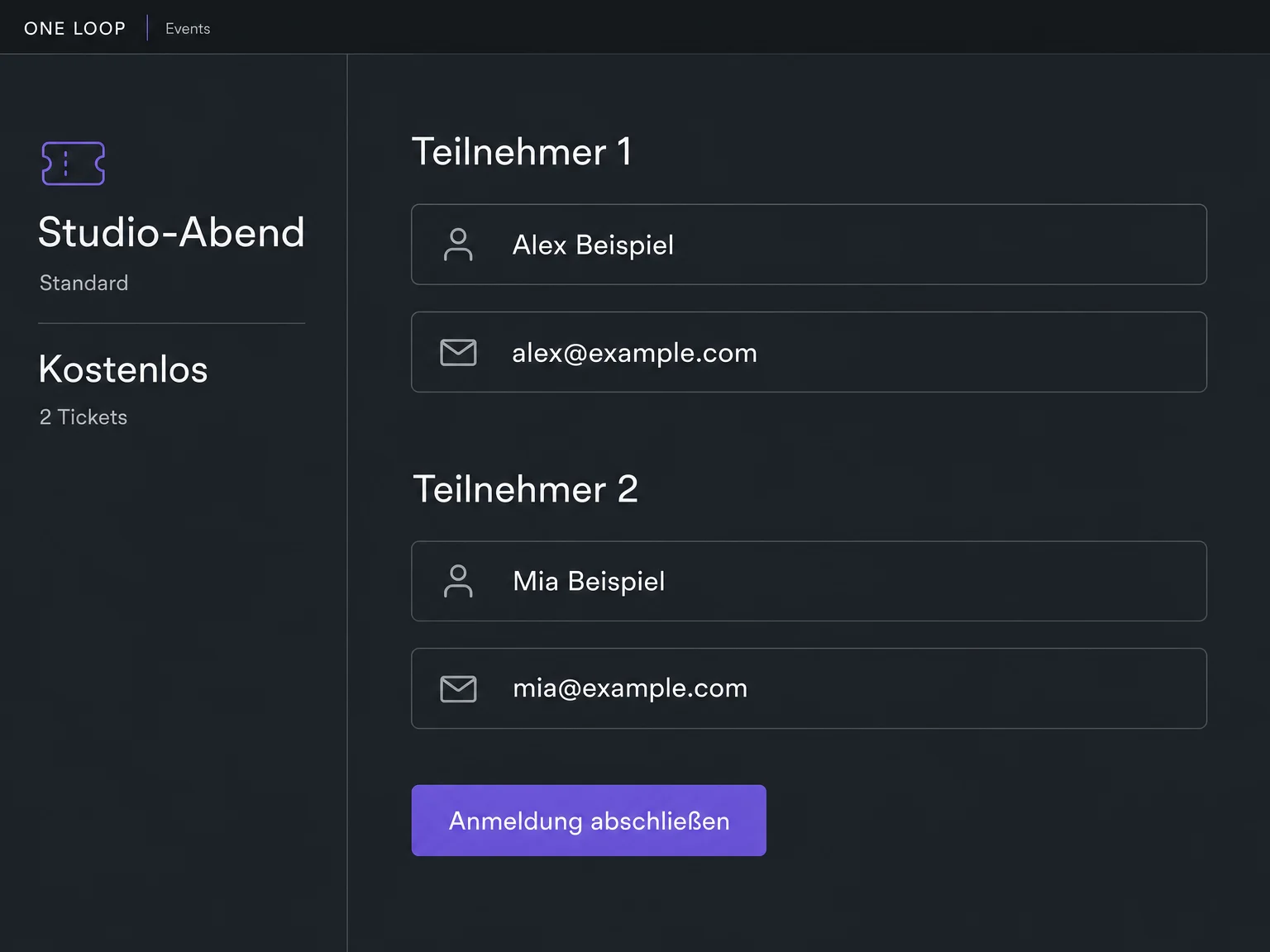 Zwei kostenlose Beispieltickets erfassen eigene Angaben für Alex und Mia Beispiel; die Anmeldung ist noch nicht abgeschlossen.