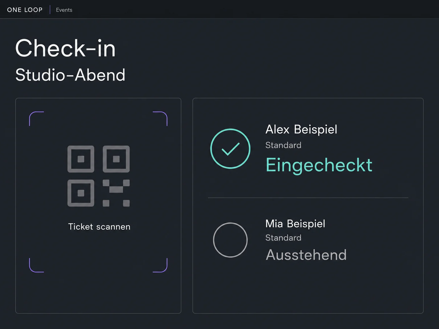 Ein beispielhafter Ticket-Scan zeigt Alex als eingecheckt; Mias Ankunft steht noch aus und ist als ausstehend markiert.