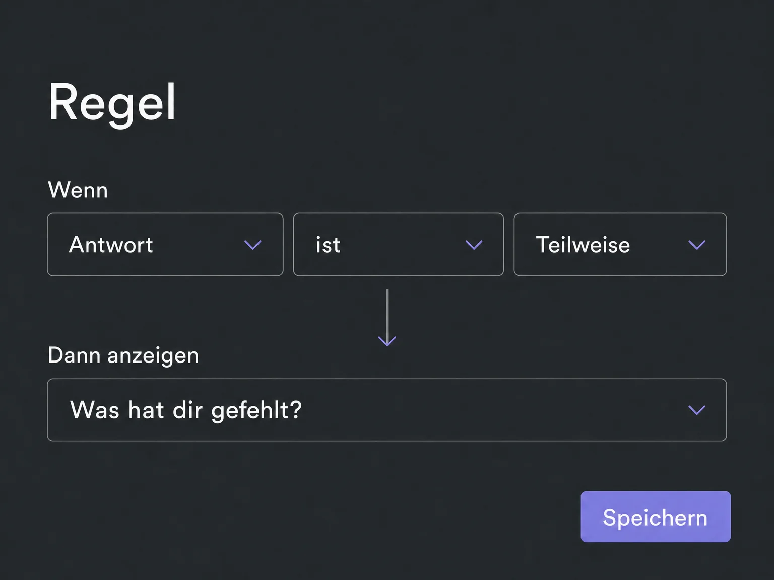 Beispiel einer Umfrageregel vor dem Speichern: Bei der Antwort Teilweise wird die Zusatzfrage Was hat dir gefehlt eingeblendet.