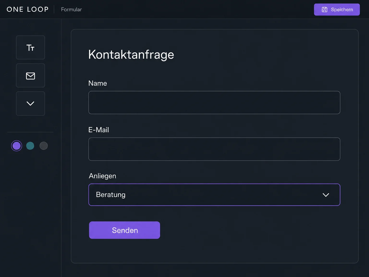 Ein vereinfachter Formular-Editor zeigt Name, E-Mail und Anliegen für eine Anfrage im Funnel.