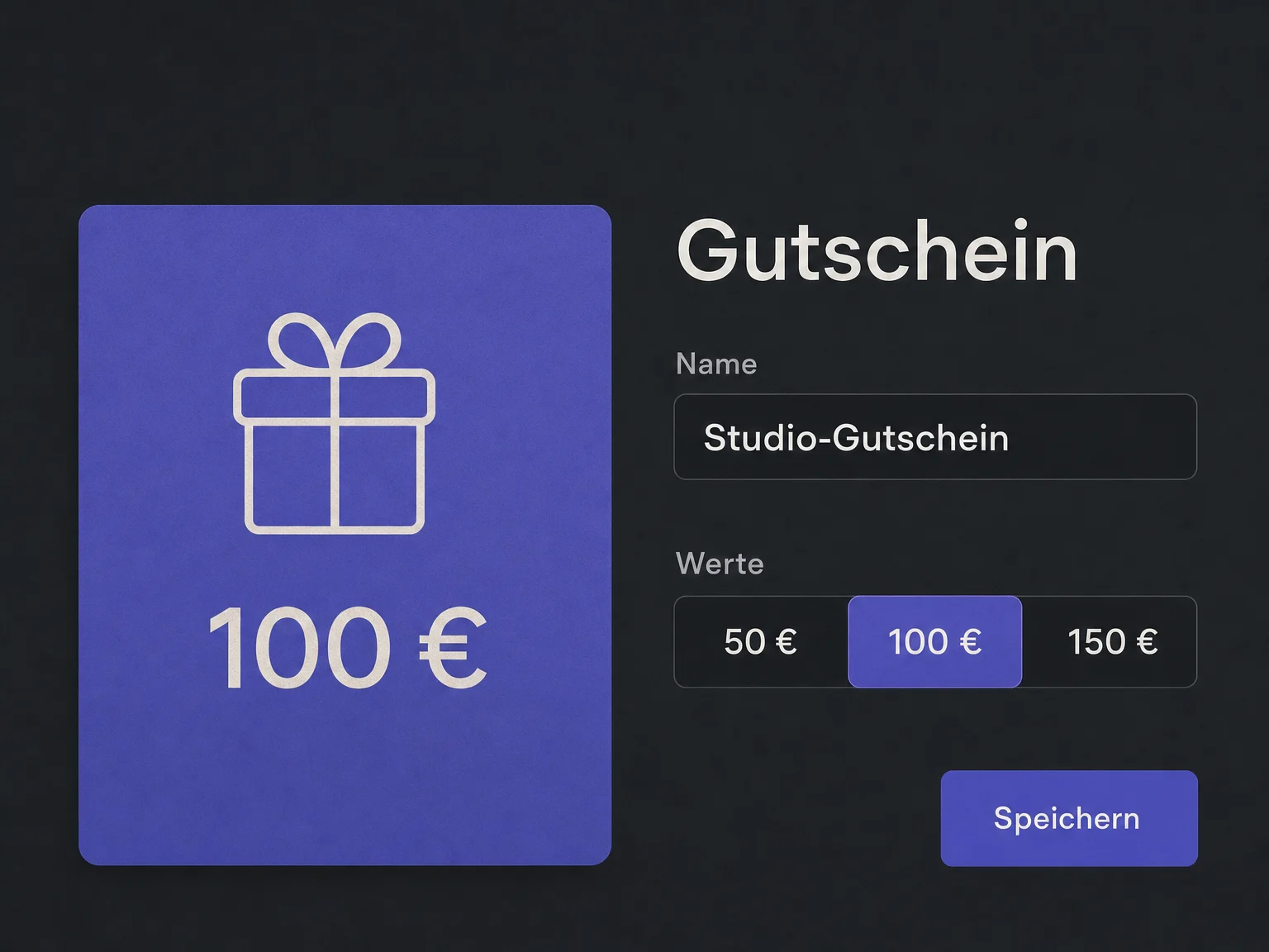 Vereinfachtes Beispiel vor dem Speichern: Studio-Gutschein mit violettem Motiv und Gutscheinwerten von 50, 100 oder 150 Euro.