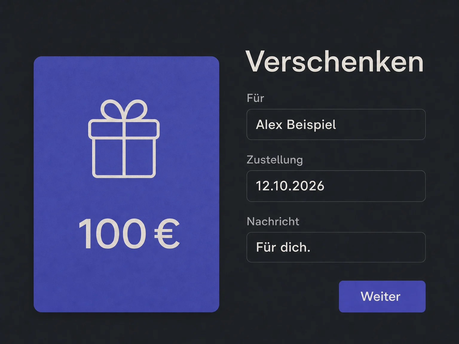 Auszug aus einem noch nicht abgeschlossenen Gutscheinkauf: 100 Euro für Alex Beispiel, Nachricht Für dich und Zustellung am 12.10.2026.