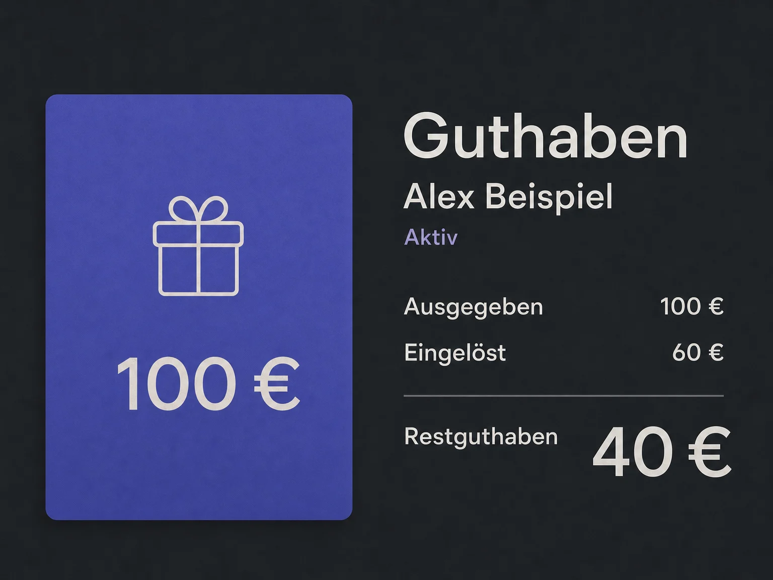 Fiktives Guthabenbeispiel für Alex Beispiel: Gutschein über 100 Euro, davon 60 Euro eingelöst und 40 Euro Restguthaben.