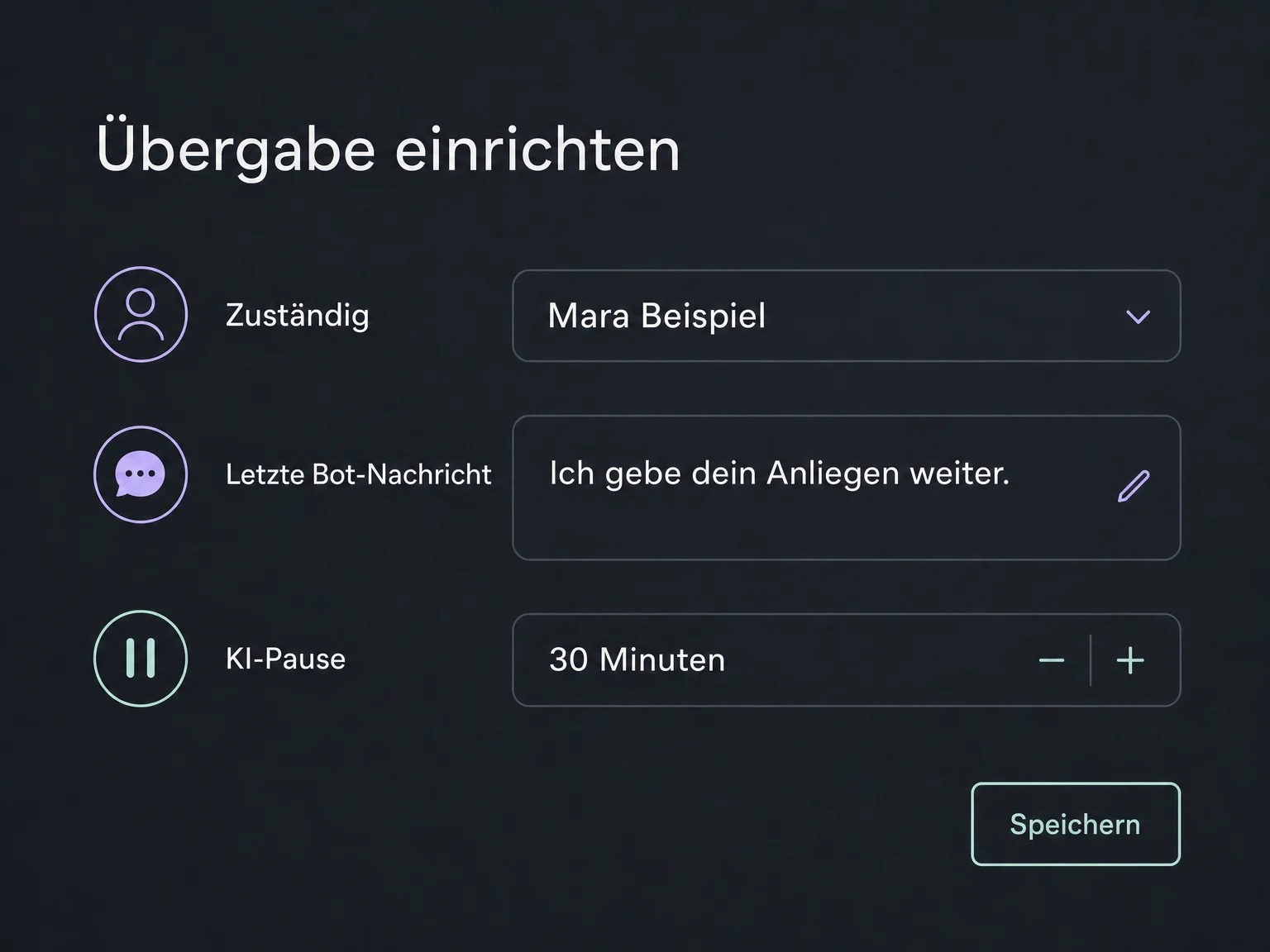 Beispielkonfiguration mit Mara als zuständiger Person, letzter Bot-Nachricht und einer KI-Pause von 30 Minuten.