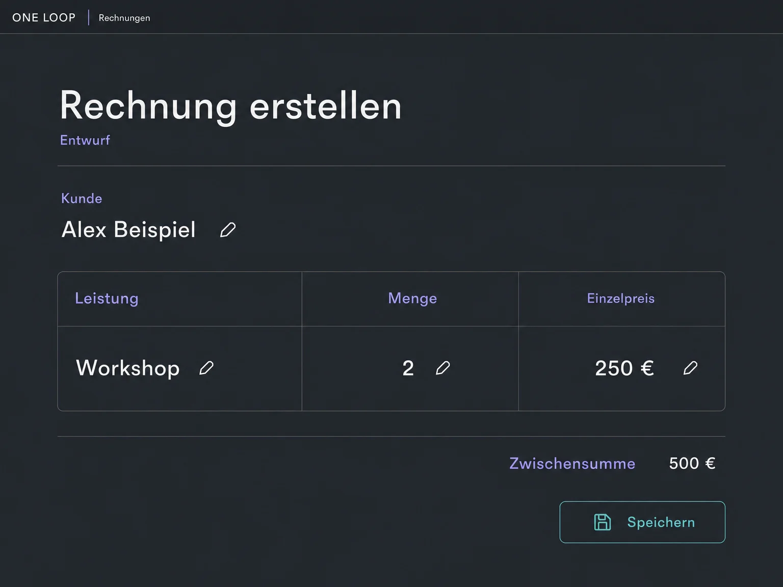 Beispiel eines Rechnungsentwurfs für Alex Beispiel: Workshop, Menge 2, Einzelpreis 250 Euro und Zwischensumme 500 Euro. Noch nicht versandt; fiktive Beispielpreise.